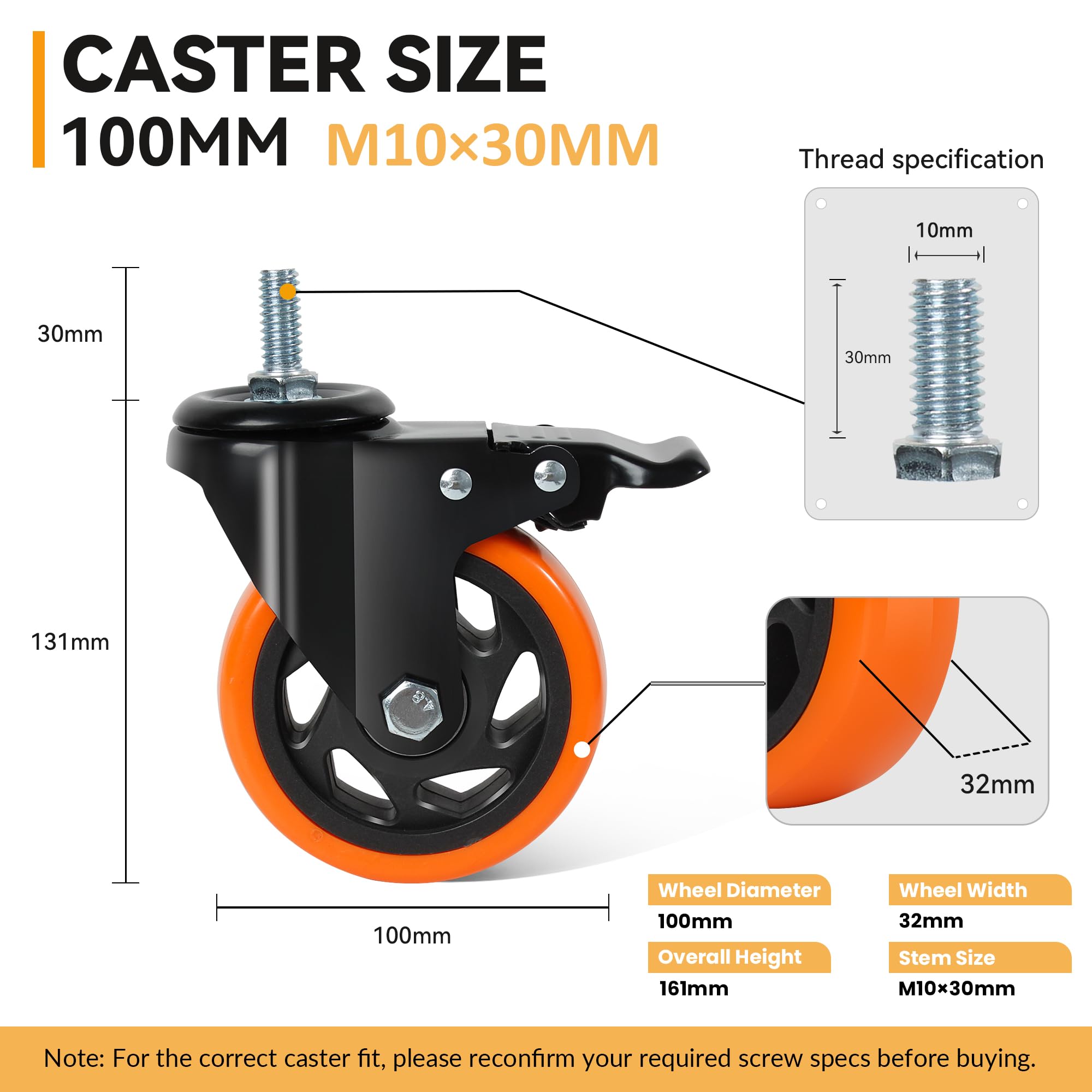 100mm per carichi Pesanti Ruote M10 × 30mm Set da 4 Antitraccia Perno Ruote girevoli con Freno 500KG Totale capacità di carico Lockable Scorrimento Fluido per Mobili e Banchi da Lavoro