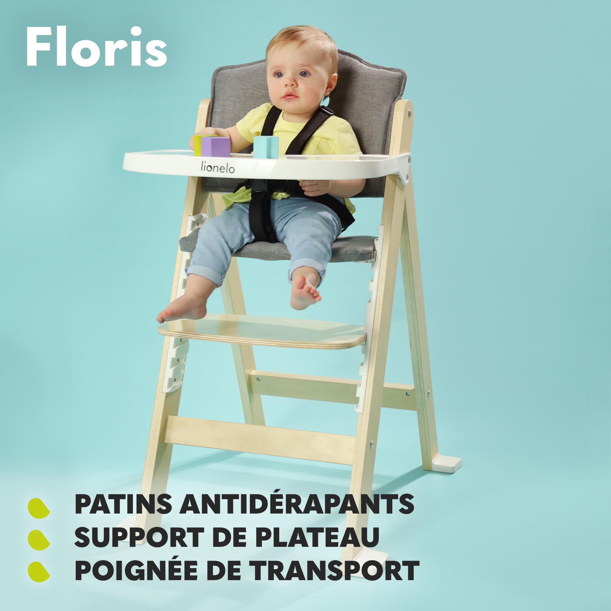 LIONELO Floris chaise haute bébé en bois 3 en 1, plateau amovible, de 6 à 36 mois, ceintures de sécurité à 5 points, capacité de charge jusqu'à 15 kg / 40 kg (NATURAL)