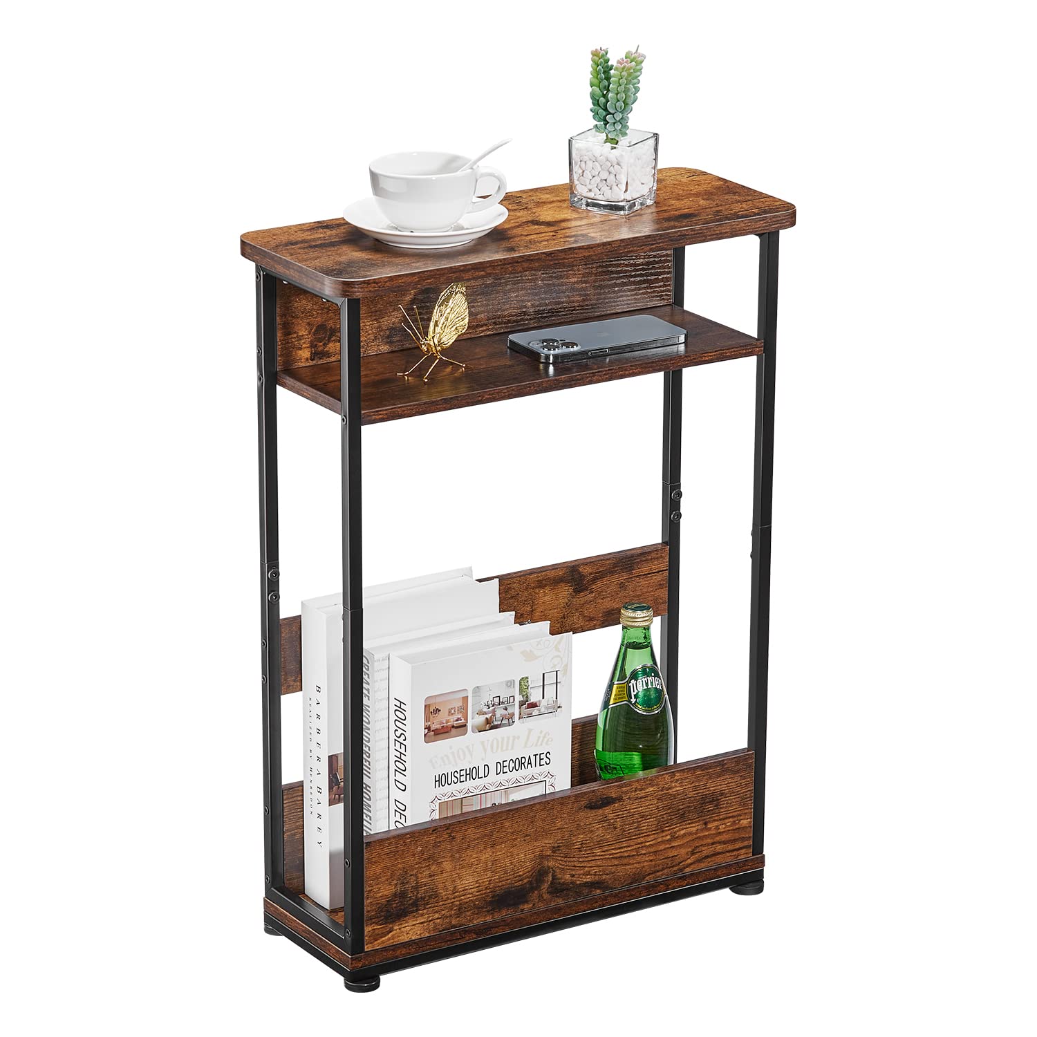 Buy Vintage Narrow Side Table with Storage Shelf, 3 Tier Slim End Table Modern Sofa Table for