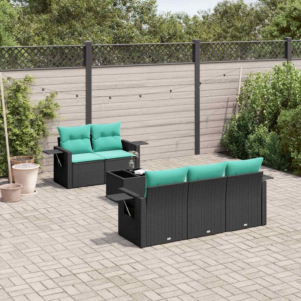 Set Divani da Giardino 6 Pezzi in Rattan PE Nero | Salotto componibile da esterno per giardino o terrazzo con tavolino in vetro temperato e tavolini laterali pieghevoli.