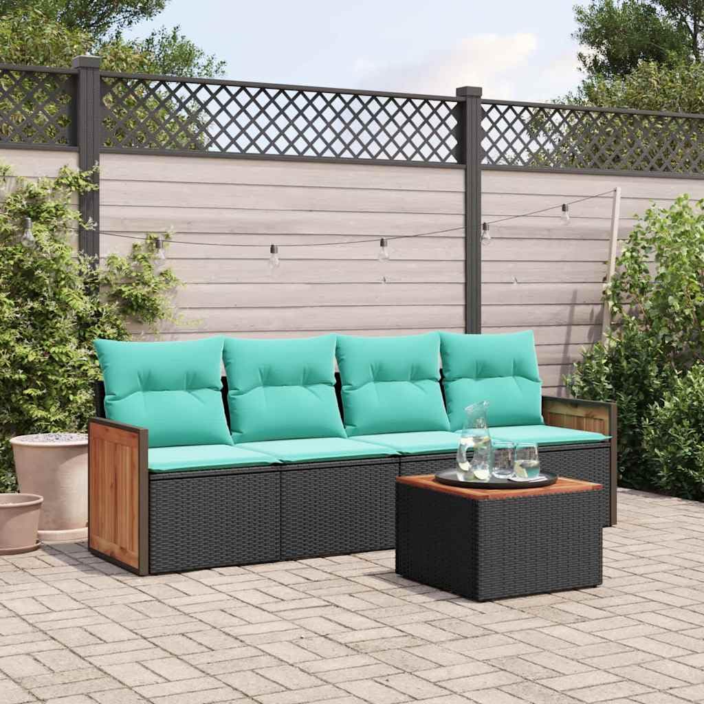 Set Divani da Giardino 5 pz in Rattan PE Nero con Tavolo Acacia | Salotto componibile da esterno per terrazzo e patio con cuscini sfoderabili e piano in legno per momenti di relax.