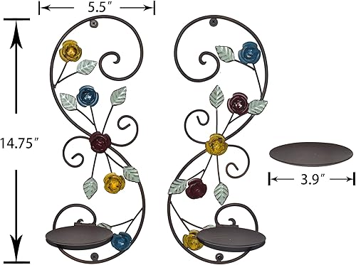 Miniatura 2 de Juego de 2 candelabros de pared, diseño de ramas de hojas multicolor antiguas, soporte de pared de metal para colgar velas para sala de estar,