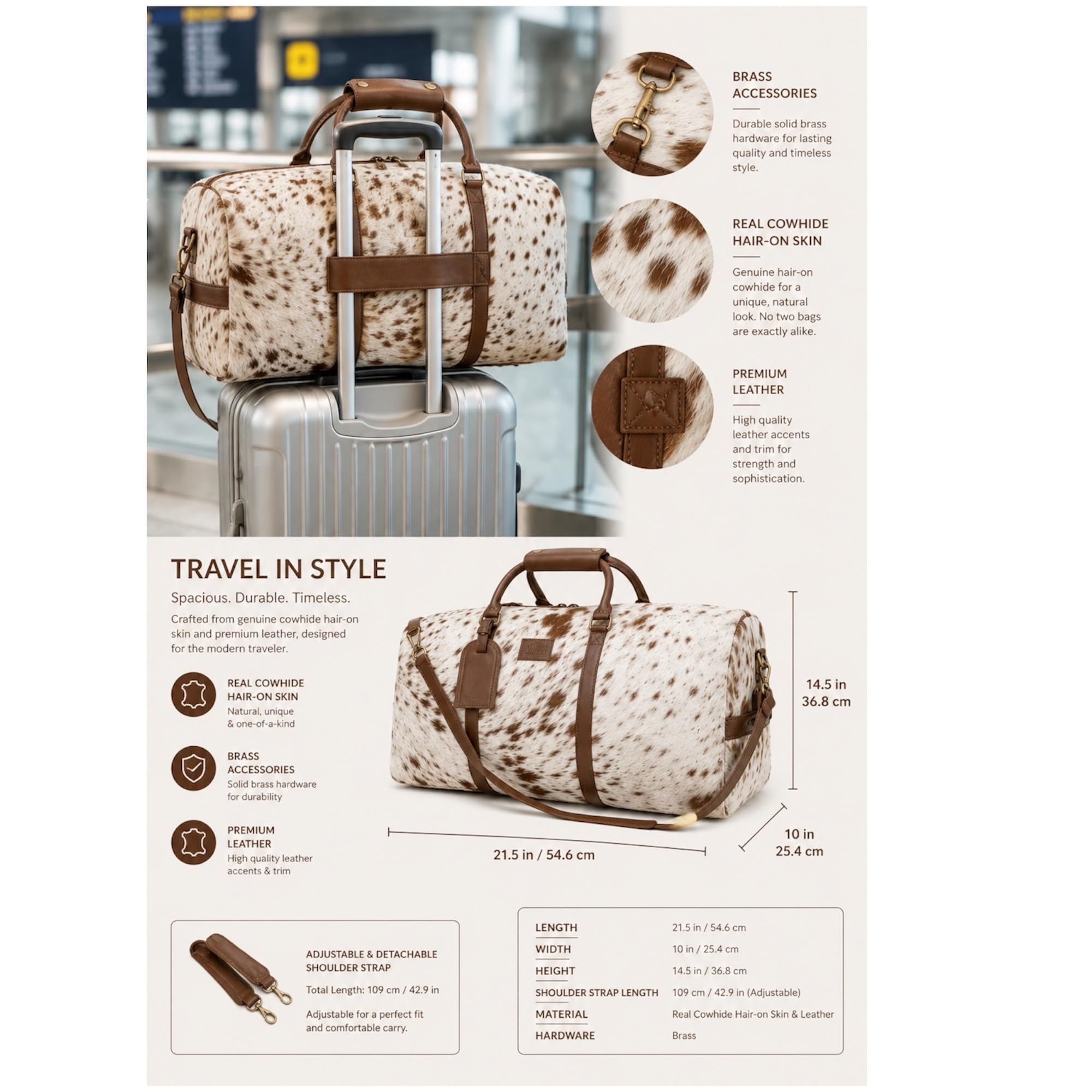 Bolsa de viaje unisex de piel de vacuno auténtica, bolsa de viaje para fin de semana, equipaje de noche de cuero vacuno marrón blanco con correa para el hombro, bolsa de viaje de mano, bolsa de viaje