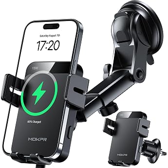 MOKPR Car Mobile Phone Holder with Charging Function 15 W Mobile Phone Holder Car Inductive Charging for Vent Clips/Instrument Panel/Windscreen for iPhone 17/16/15/14/13/12 Galaxy S25/S24/S23 Black