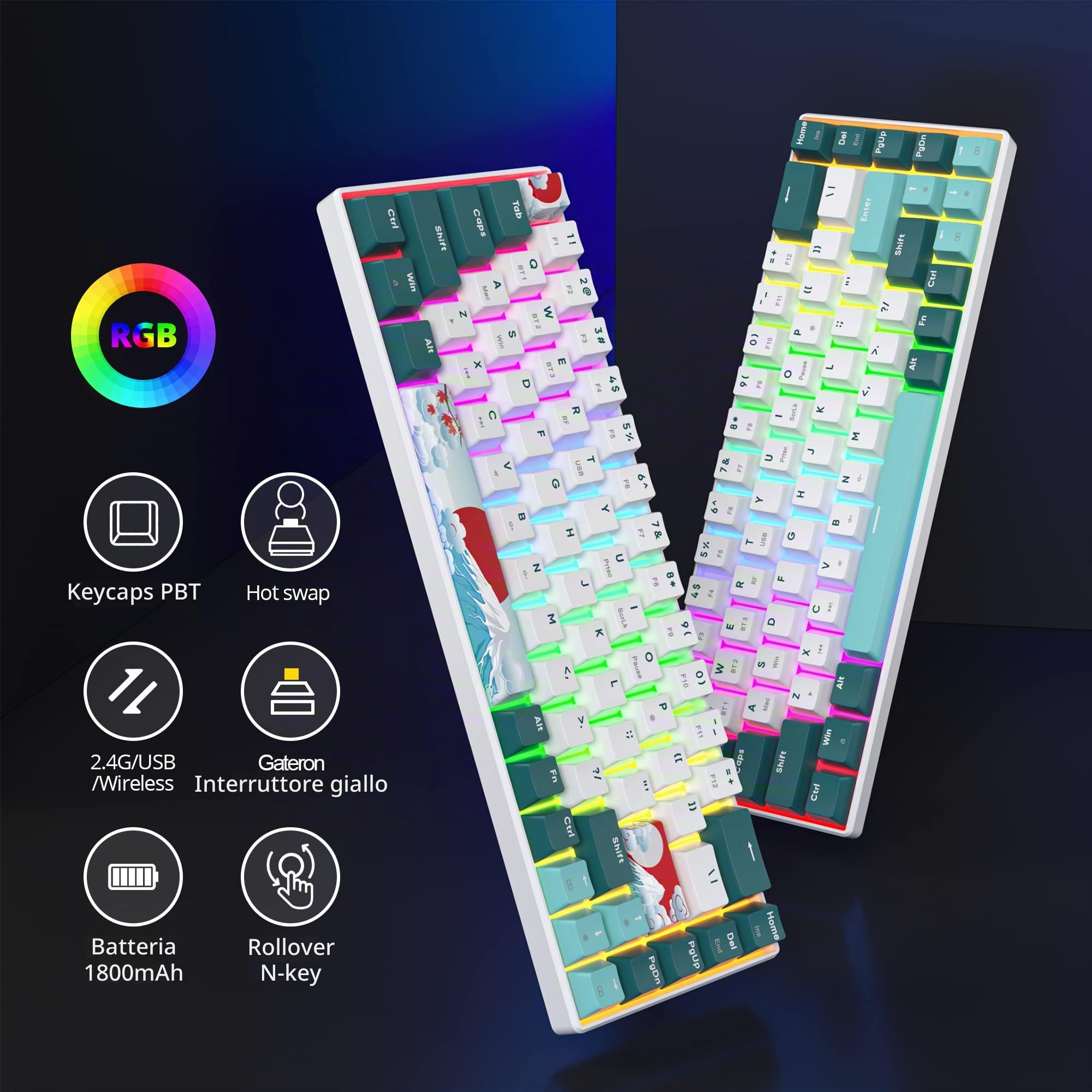 SOLIDEE tastiera meccanica RGB wireless 65%,tastiera Bluetooth 5.0/2.4Ghz/cablata a 3 modalità,68 tasti retroilluminazione RGB,mechanical keyboard hot swappable con Gateron Yellow Switchs(68 Forest)