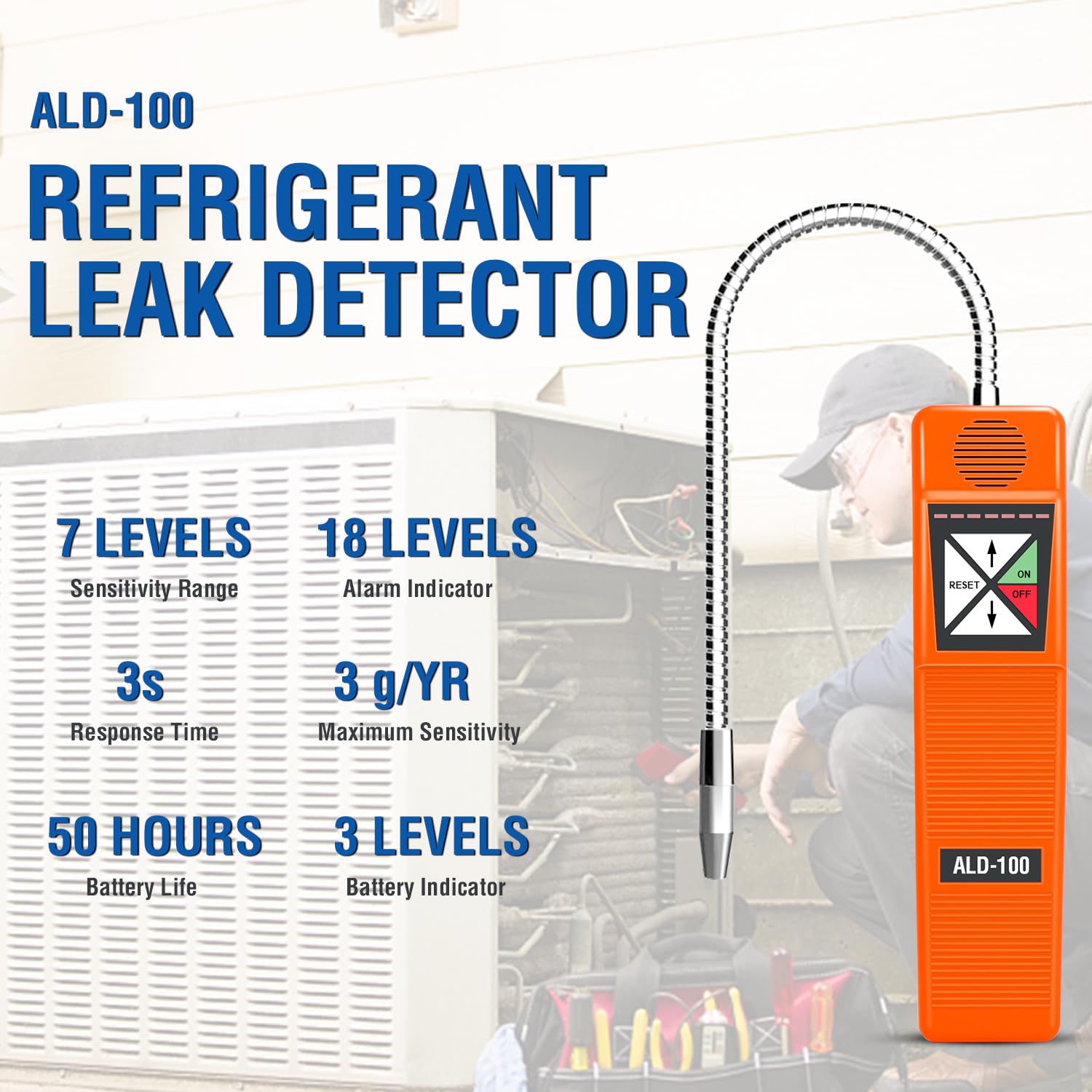 Détecteur de Fuite de réfrigérant, détecteur de Fuite de fréon ALD-100 testeur de gaz halogène HVAC AC renifleur R22 R410A R134A Nidron, 7 sensibilités réglables, sensibilité maximale de 0,11 oz/an