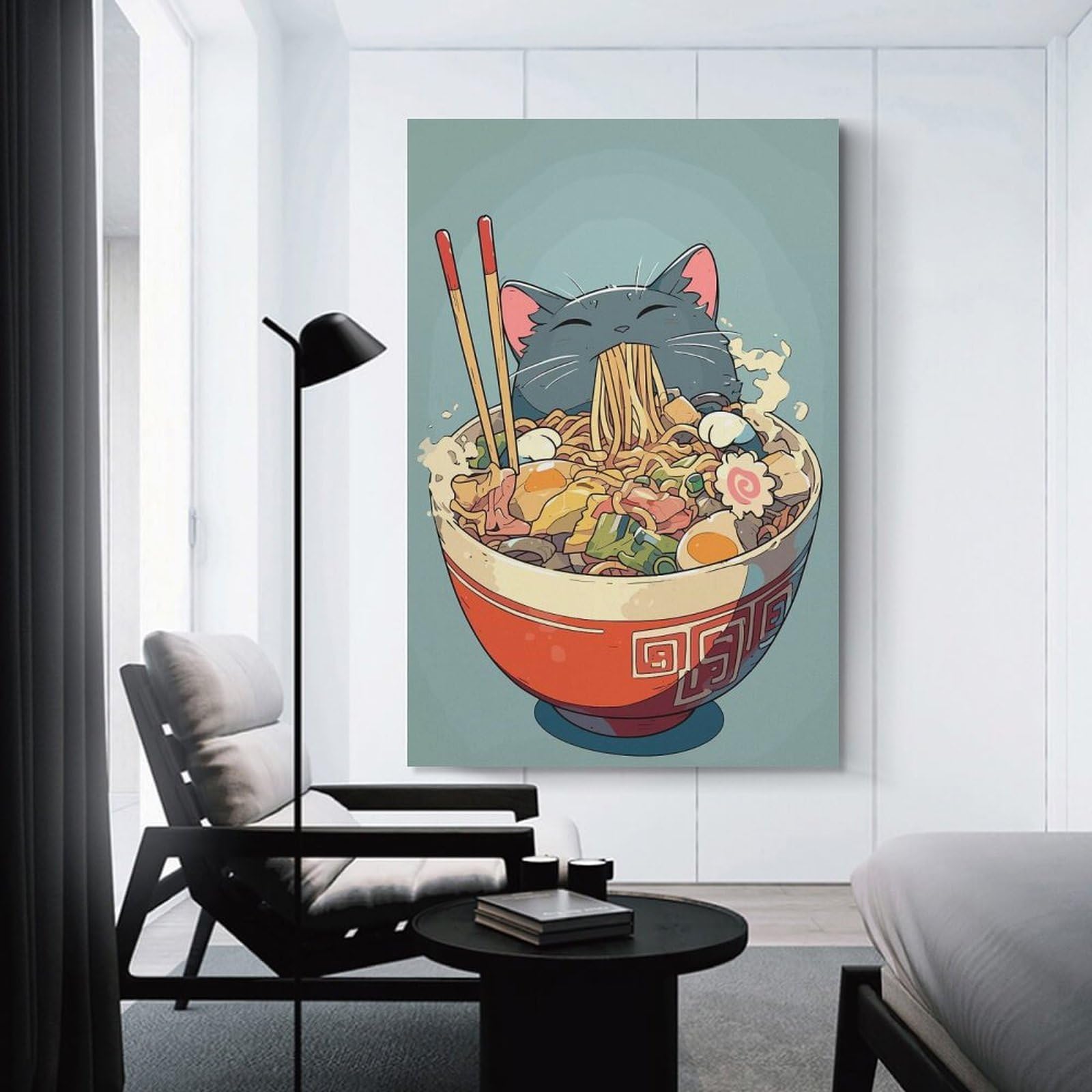 Junmoney Ramen Noodle Anime Cat Canvas Art Print, 20x30inch(50x75cm), for Home Walls, Creative Rooms Or Shared Spaces, Decorative Artwork with Broad Appeal