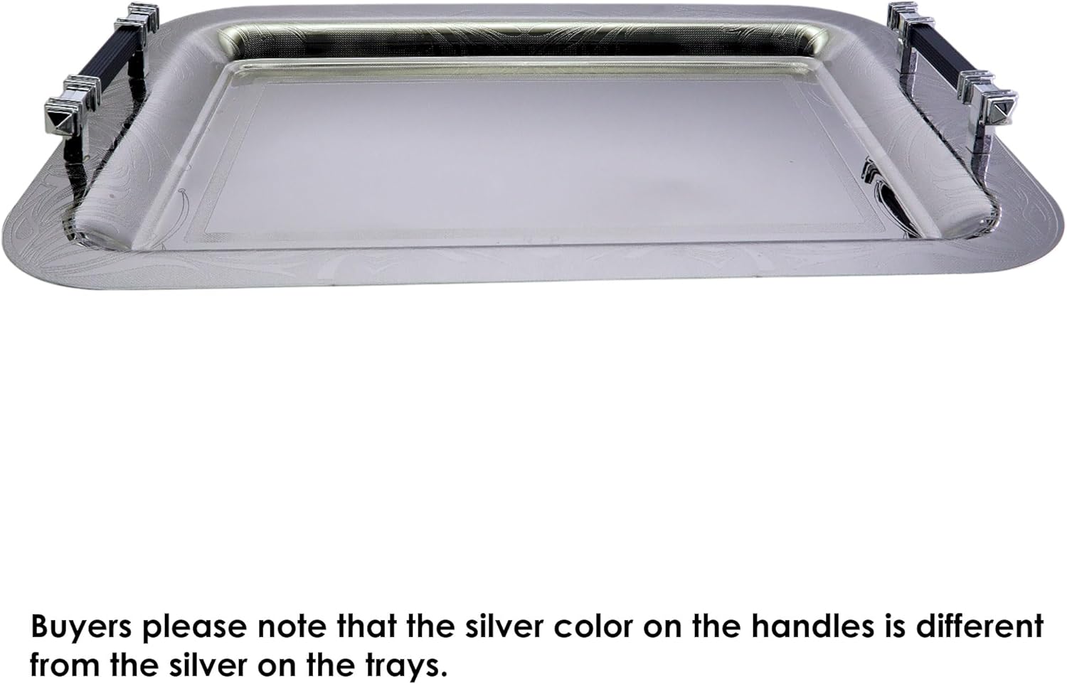 (Pack of 2) 17 inch x 12.2 inch Oblong Chrome Plated Mirror Silver Serving Tray with Handles Stylish Design Floral Engraved Edge Party Birthday Wedding Buffet Wine Platter Plate CC-1143