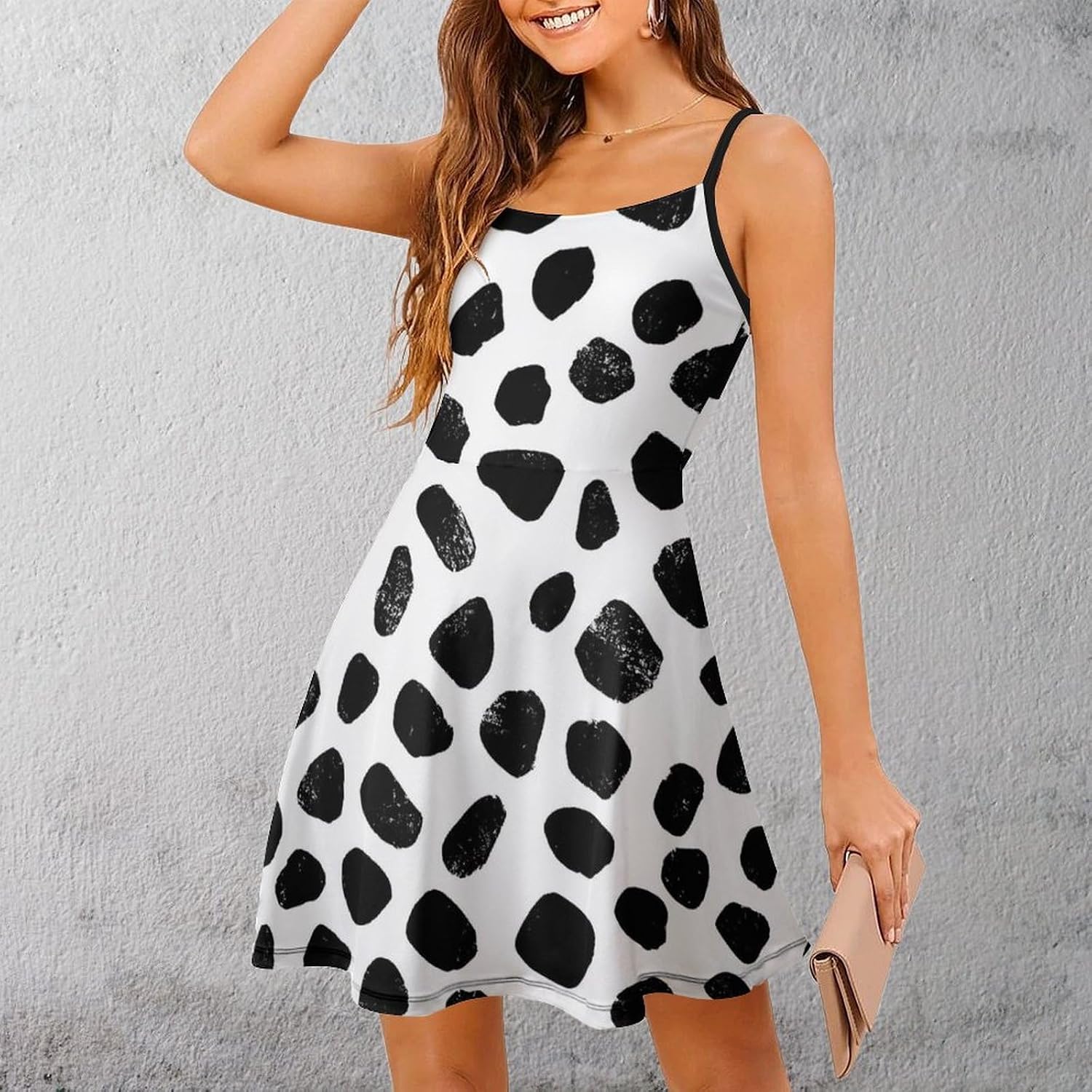 Dalmation Print Short Cami Dress for Women Adjustable Spaghetti Strap Flowy Sundress Beach Vacation