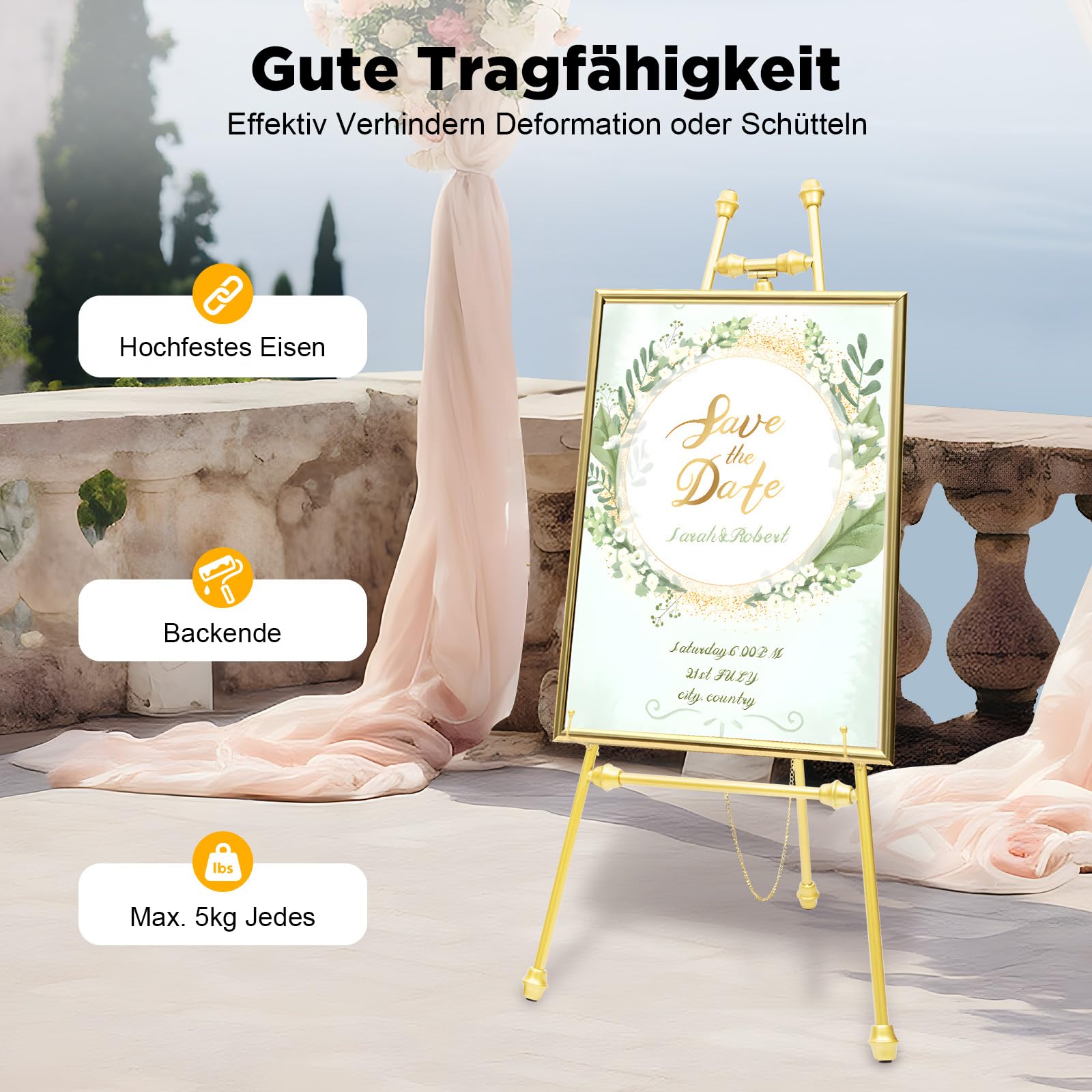 2 Stücke Staffelei Ständer Staffelei Display Ständer für Hochzeitsschild & Poster, Goldene Display-Halter mit verstellbaren Haken, Gold Hochzeit Staffeleien für Willkommensschilder