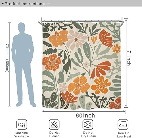 Miniatura 3 de Miyotaa Juego de cortina de ducha retro verde salvia naranja de 60 pulgadas de ancho x 71 pulgadas de alto, Matisse Groovy 70s Funky Trendy estética