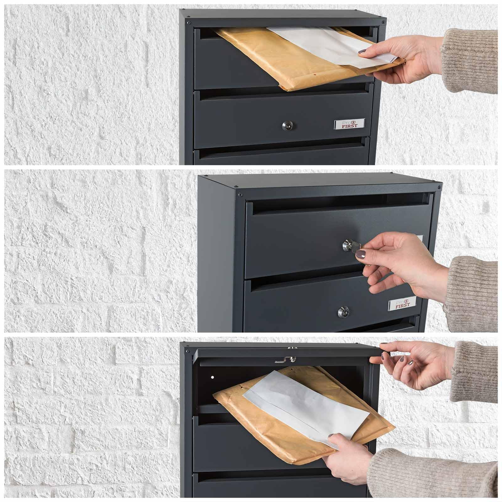 Profirst Cassetta delle lettere Maildrop 4 serratura a cilindro in acciaio antracite, 2 chiavi per 4 parti, con materiale di montaggio incluso