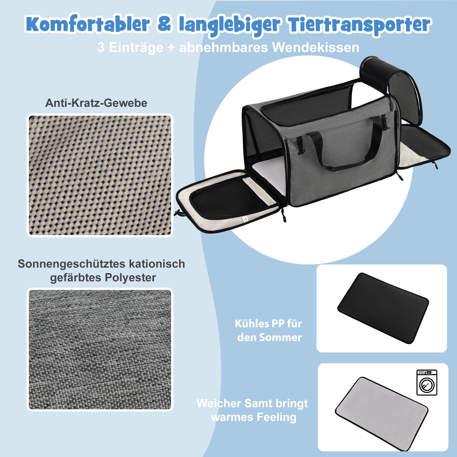 SORAS Transportbox Katze 57 x 34 x 34 cm, Flatbare Transporttasche für Hund mit Rädern, Teleskopgriff, doppelseitigen Kissen, extra Tasche, Reisebox für kleine & mittelgroße Haustiere