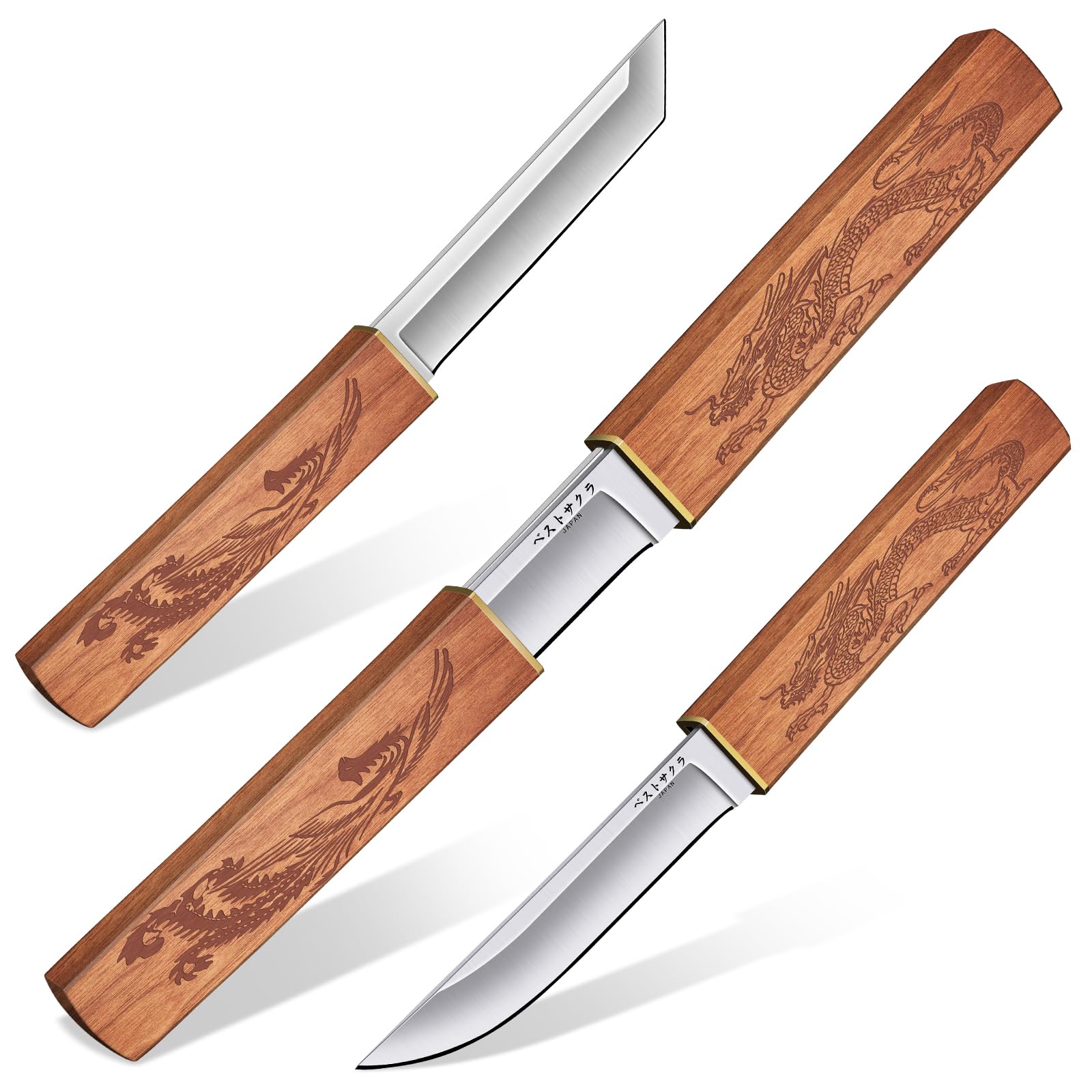 Purple Dragon 2-in-1 Doppelmesser Outdoor, Tanto Messer mit Scheide, D2 Stahl Outdoor Survival Messer mit Holzgriff, für Camping, Bushcraft, Geschenke füR Männer, Khaki