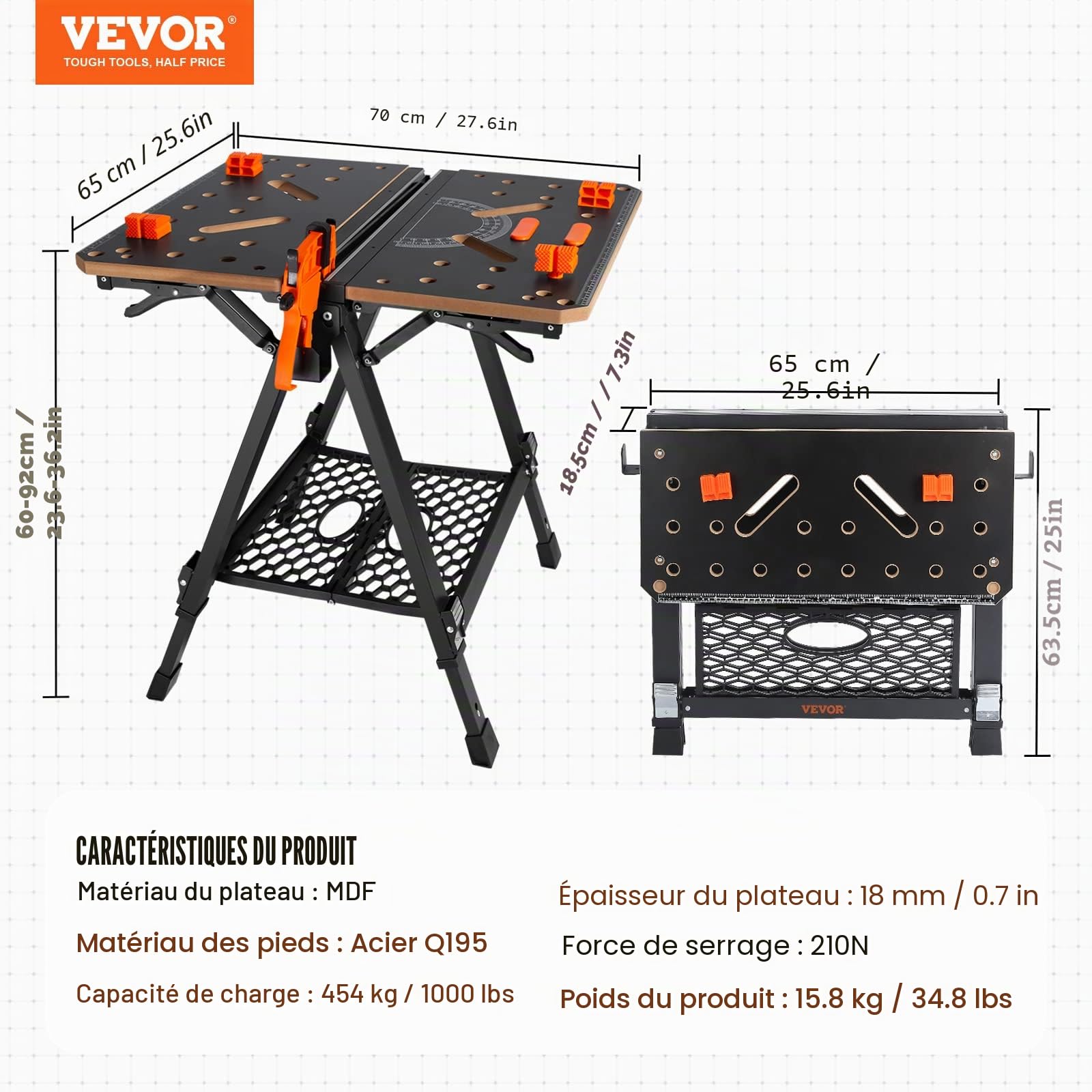VEVOR Établi Pliant 2 en 1 Table de Travail Utilisable comme Chevalet Scie Charge 454 kg 7 Hauteurs Réglables Pieds Acier Support Outils Pince Rapide 4 Griffes Serrage 2 Crochets pour Garage Atelier