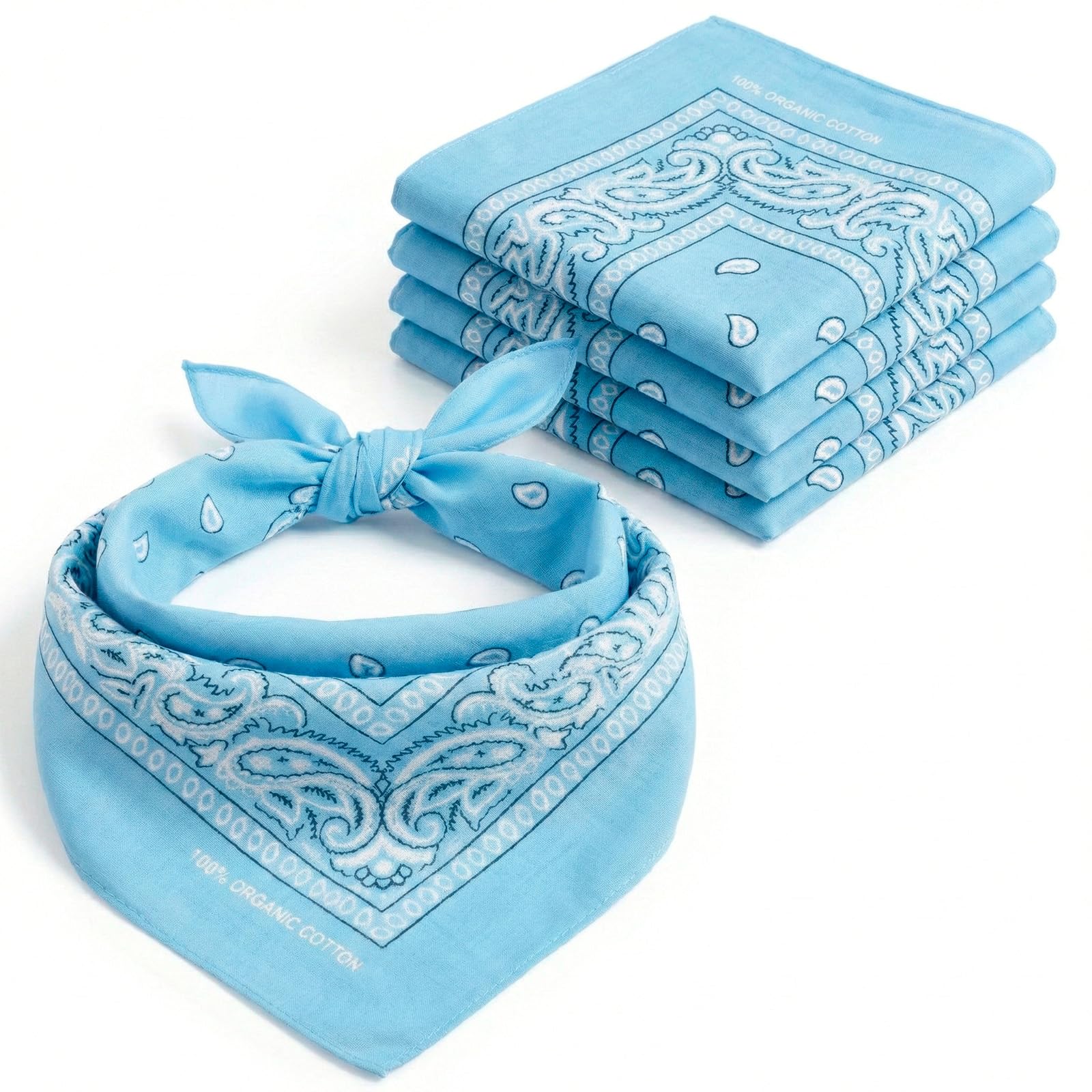 AURAE Jasnoniebieska bandana, 100% bawełna i naturalne włókna, niebieska chustka bez poliestru, miękka, trwała i nadająca się do prania w pralce, dla mężczyzn i kobiet, uniseks i dzieci, 5 szt