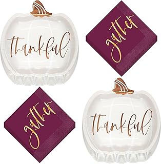 Modern Thanksgiving Pumpkin-Shaped Metallic Paper Dinner Plates and Gather Lunch Napkins for Fall Parties and Thanksgiving Meals (Serves 16)