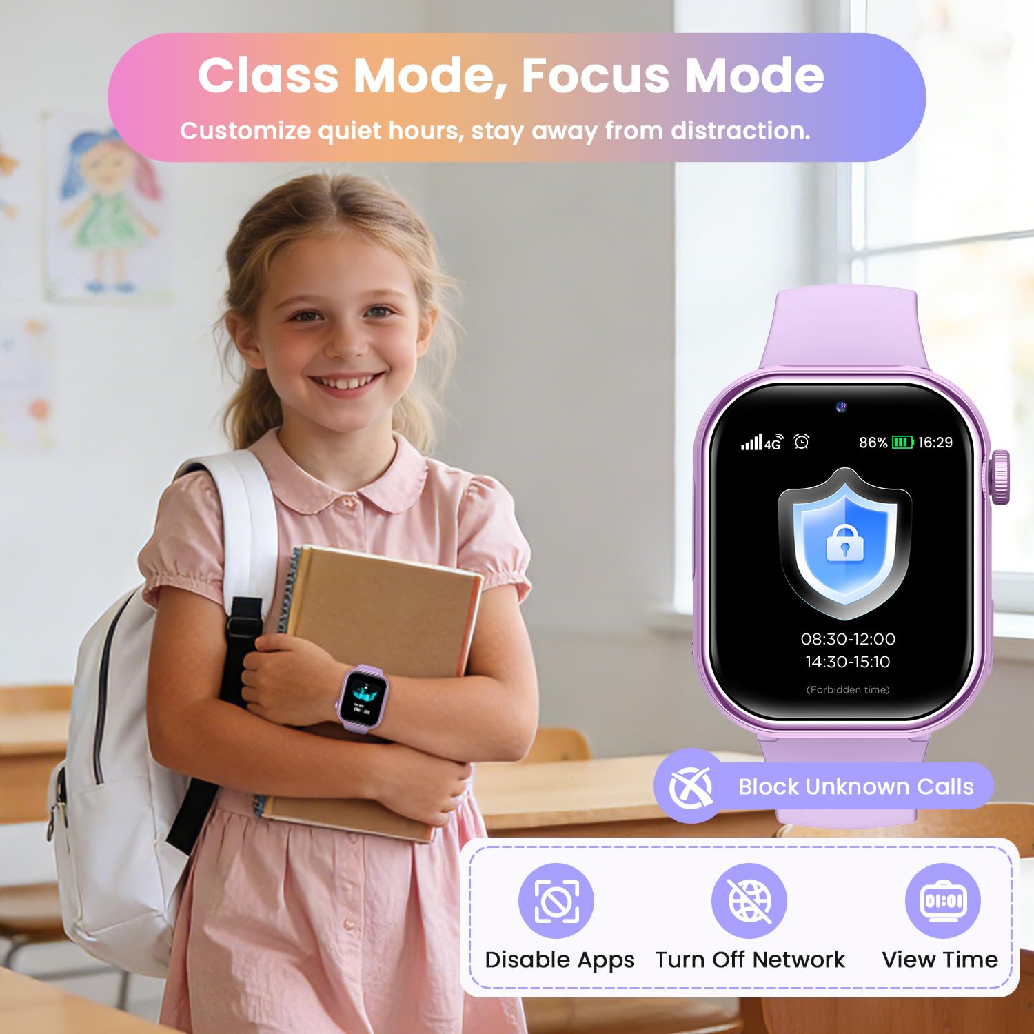 4G Montre Connectée Enfant avec GPS, Double Caméra, Appel Vidéo, SMS, Chat Vocal, SOS, Mode Classe, Réveil, Lampe Torche, IP68, Podomètre, Cadeau pour Garçons Filles, Violet - Garantie 3 Ans