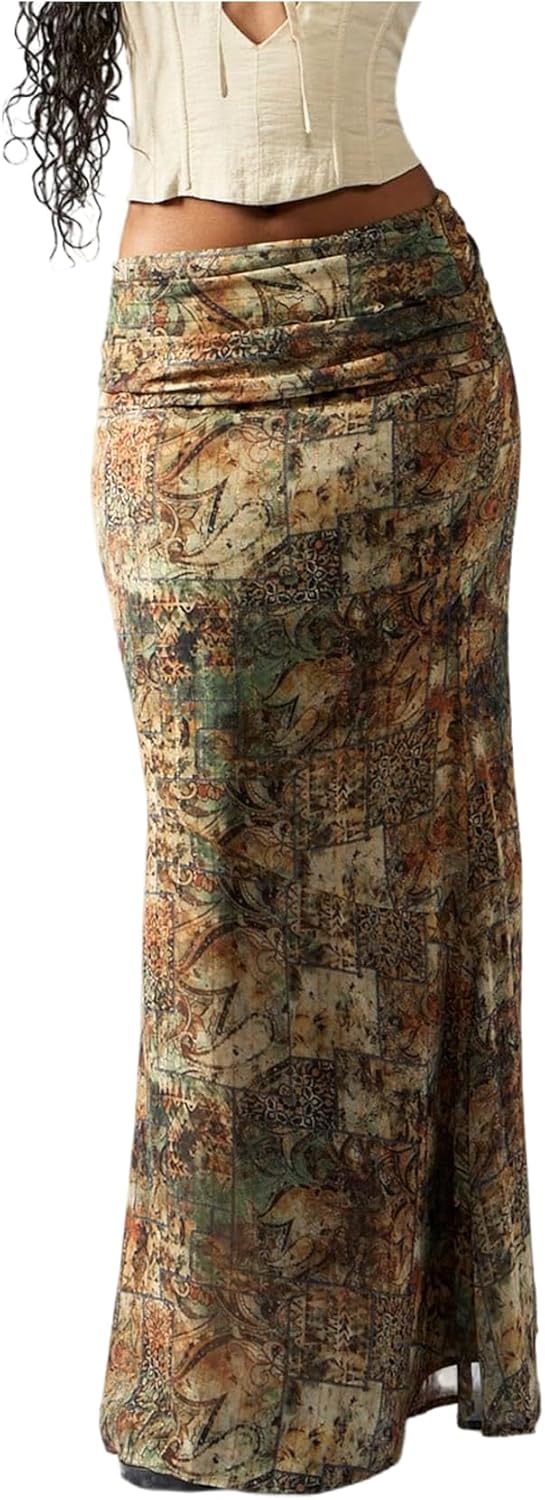 MakeMeChic Women's Boho Paisley Maxi Fishtail Skirt Ruched Low Waist Chiffon Long Skirts