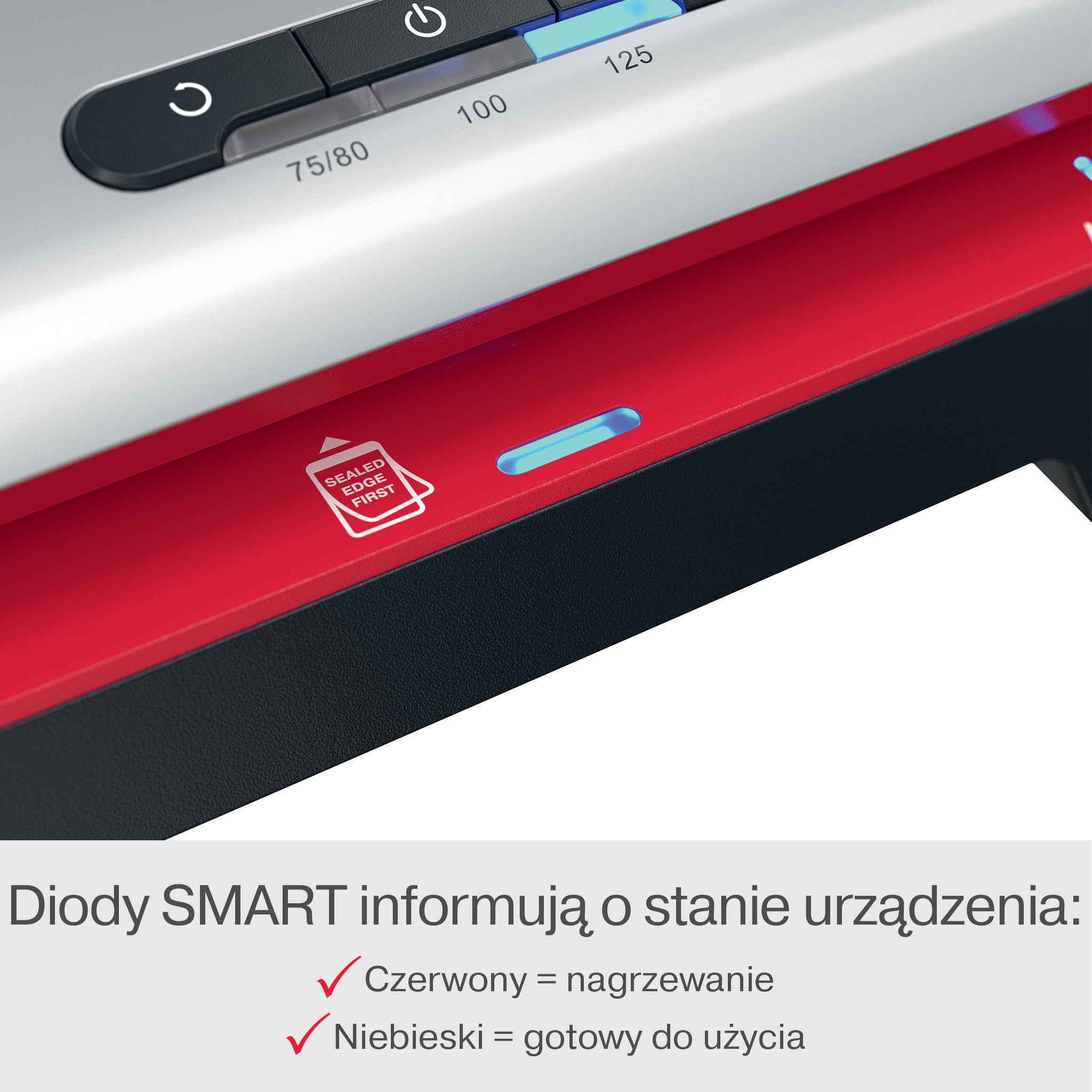GBC 250 Office Laminator A4 – Nagrzewanie w 1 minutę, 75–125 mikronów, diody LED prowadzące, funkcja przeciw zacięciom, auto wyłączanie, zawiera 5x folii A4, czarno-czerwony, 4410070EU