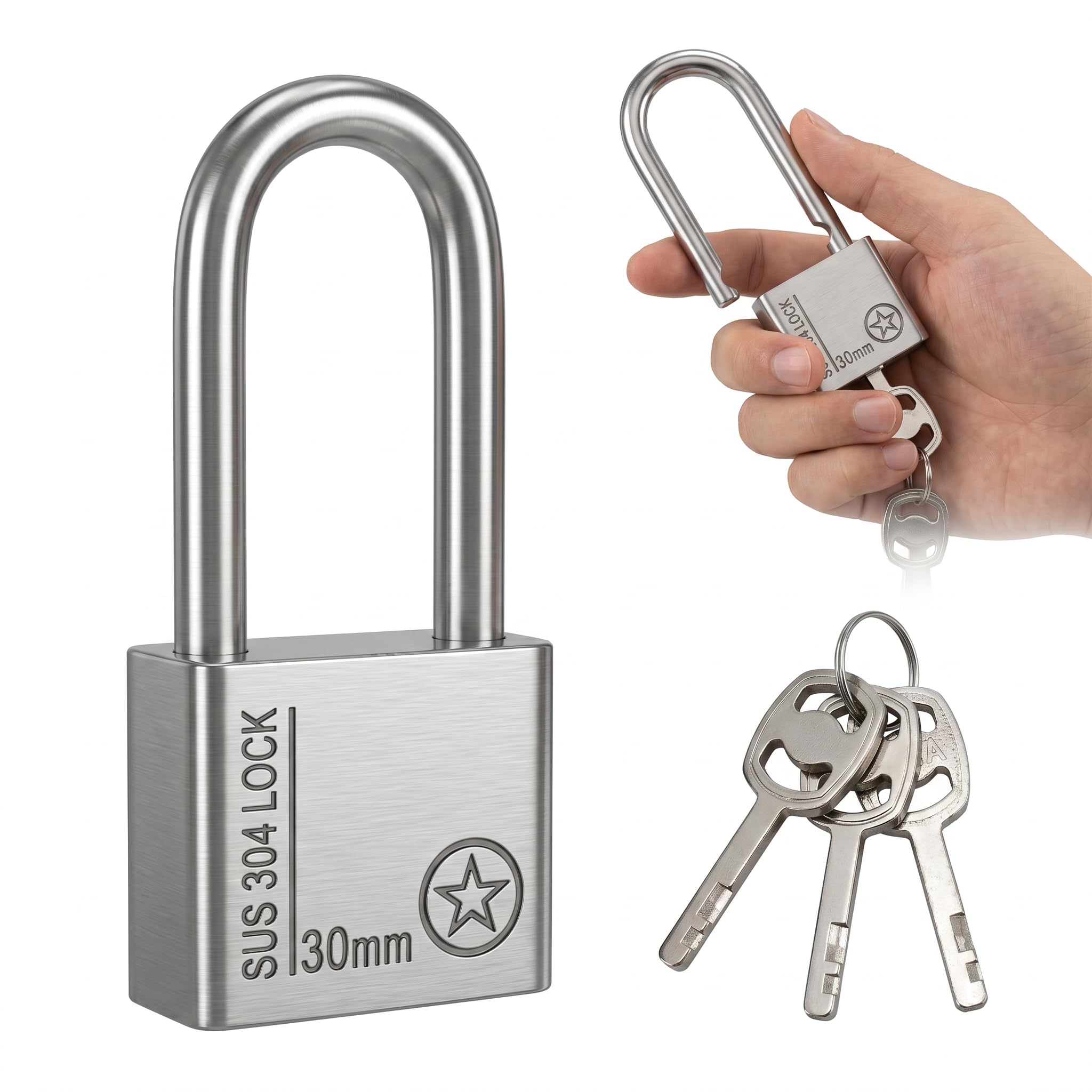 304 Stainless Steel Padlock with 4 Keys, Waterproof Heavy Duty Pad Lock