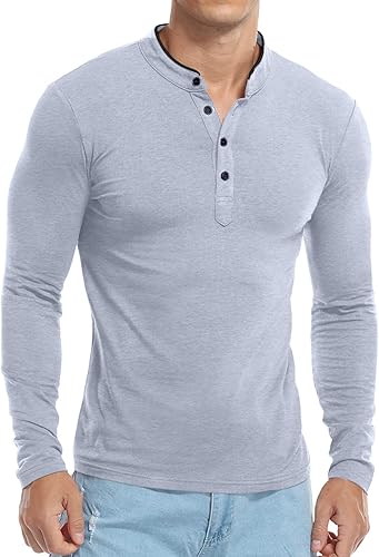 Miniatura 4 de KUYIGO Camisas de manga larga estilo polo para hombre, estilo informal, cuello mandarín, ajustadas, de algodón