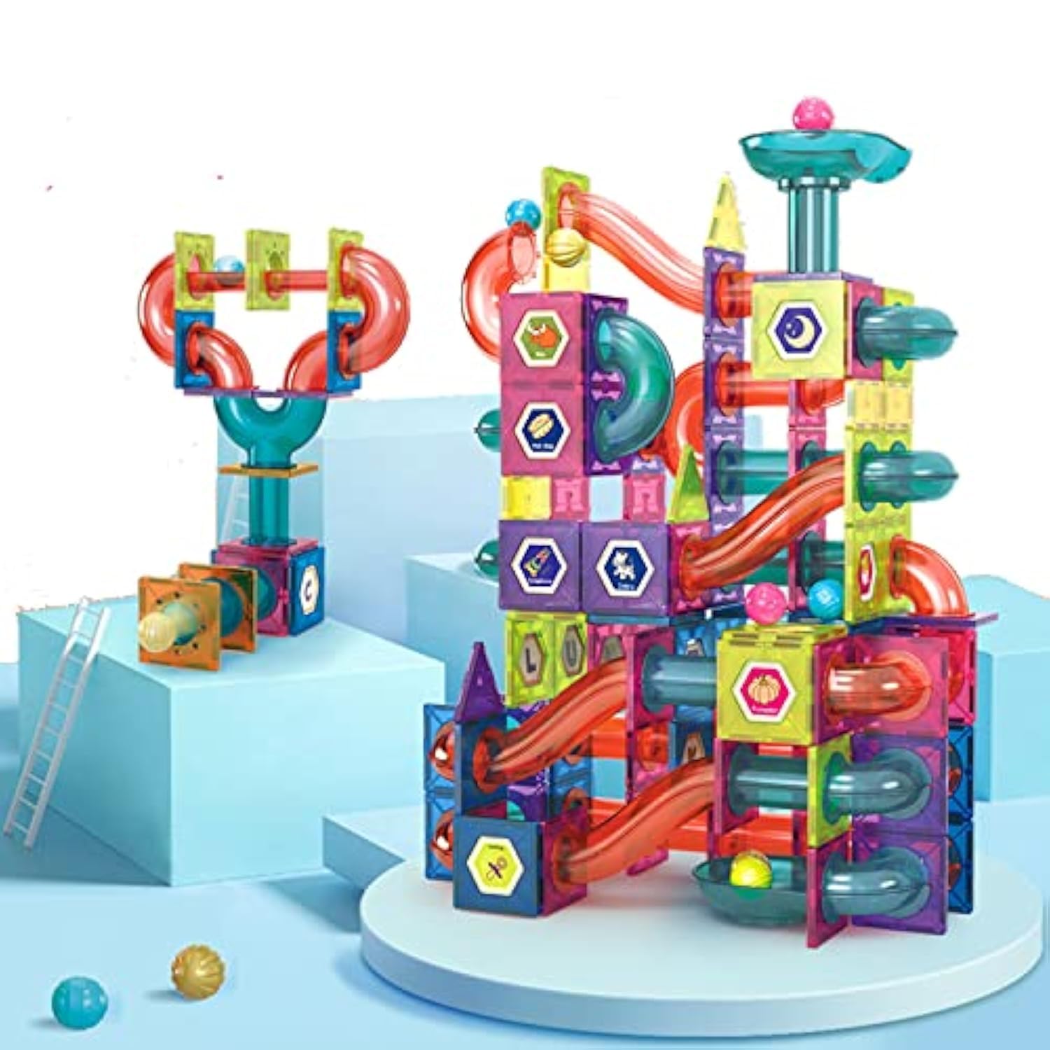 Magnetic Marble Run Building Set, 3D Magnetic Tiles Ball Track, Building Kit Fun and Educational Toy STEAM Learning and Creativity Gift for Boys and Girls (191 PCS)