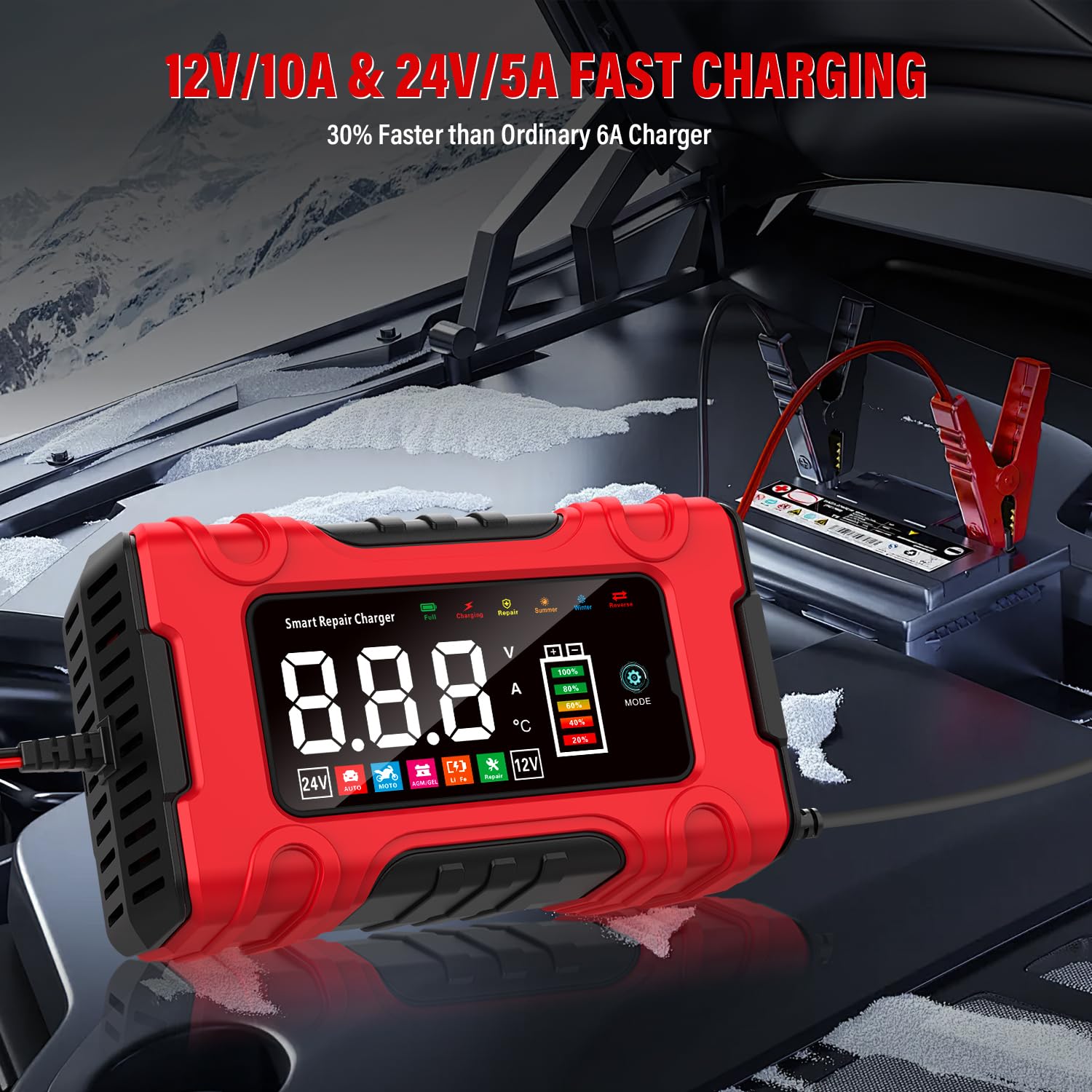 Cargador de Bateria de Coche 10A, 12V/24V Mantenedor Bateria Moto con Modo de Reparación y Carga Lenta para Automóviles, Motocicletas y Camiones, Baterías AGM, Gel, Húmedas, SLA y LiFePO4