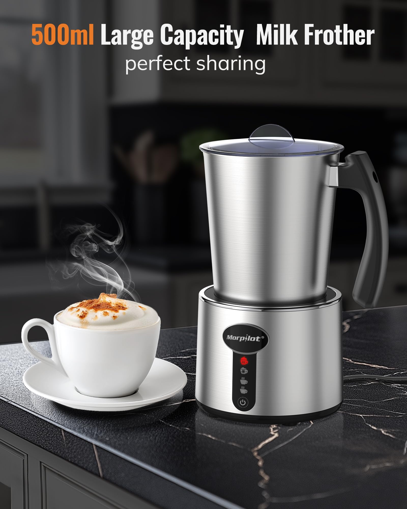 Morpilot Montalatte Elettrico Milk Frother in Acciaio Inossidabile 4 in 1 Funzione Capacità Massima 230ml Cappuccino o 500 ml Latte Caldo