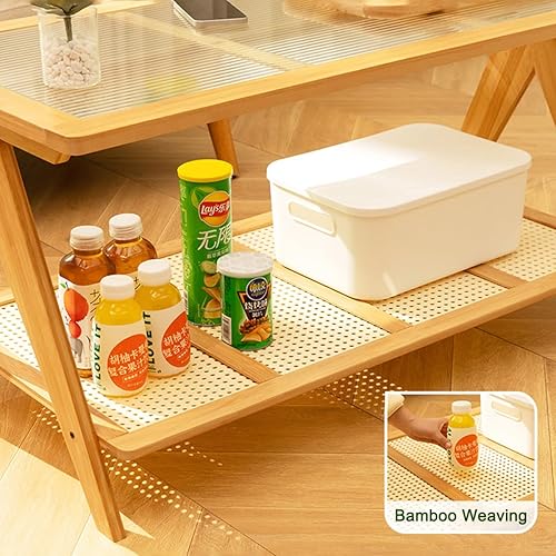 Miniatura 6 de Gdrasuya10 Mesa de centro de bambú moderna de mediados de siglo, mesa auxiliar rectangular de 2 niveles, mesa auxiliar bohemia para sala de estar,