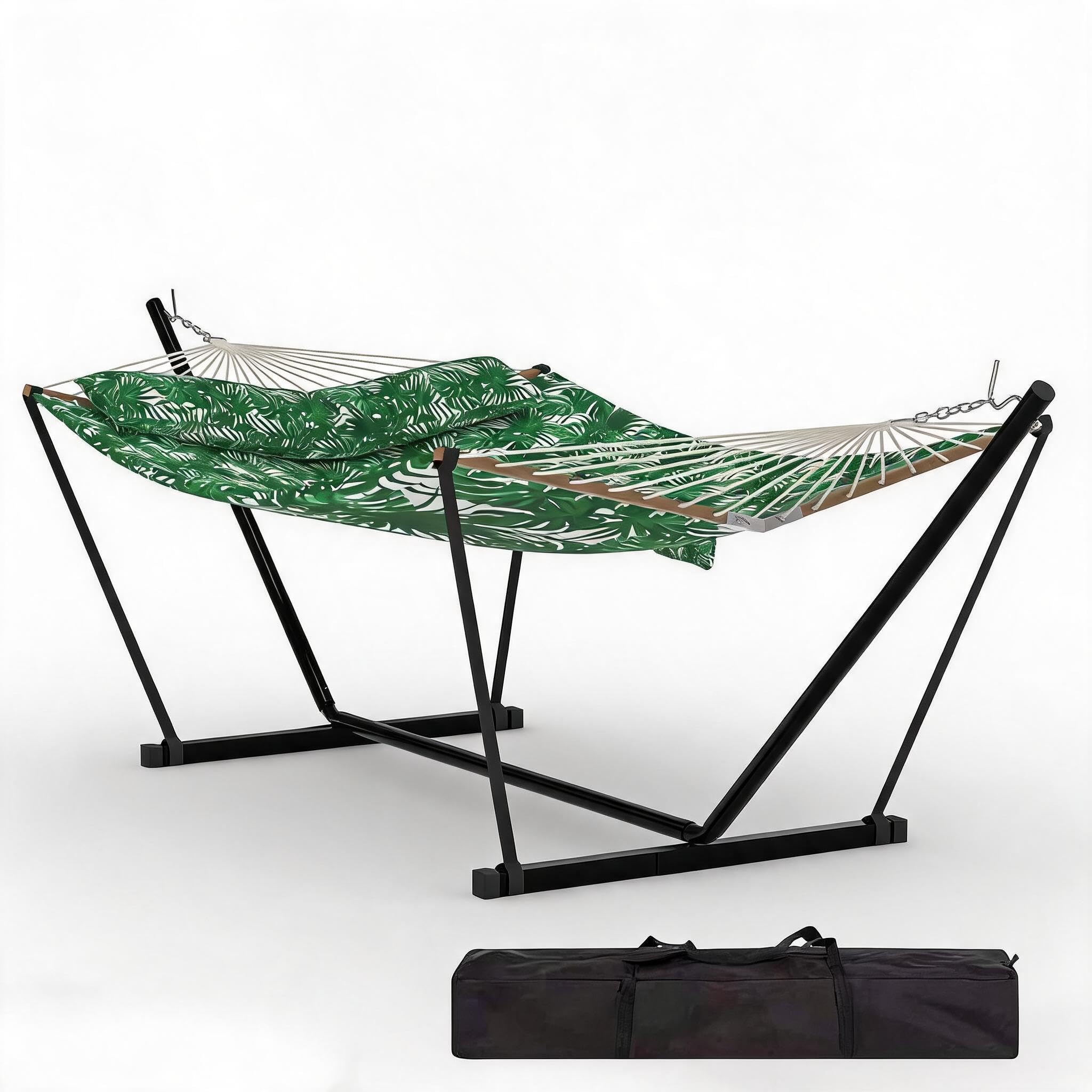 GarveeMore Hammock with Stand, Double Hammock for 2 People with Heavy Duty Steel Frame and Quilted Polyester Fabric, Outdoor Hammock for Garden, Patio, Camping and Backard (Green)