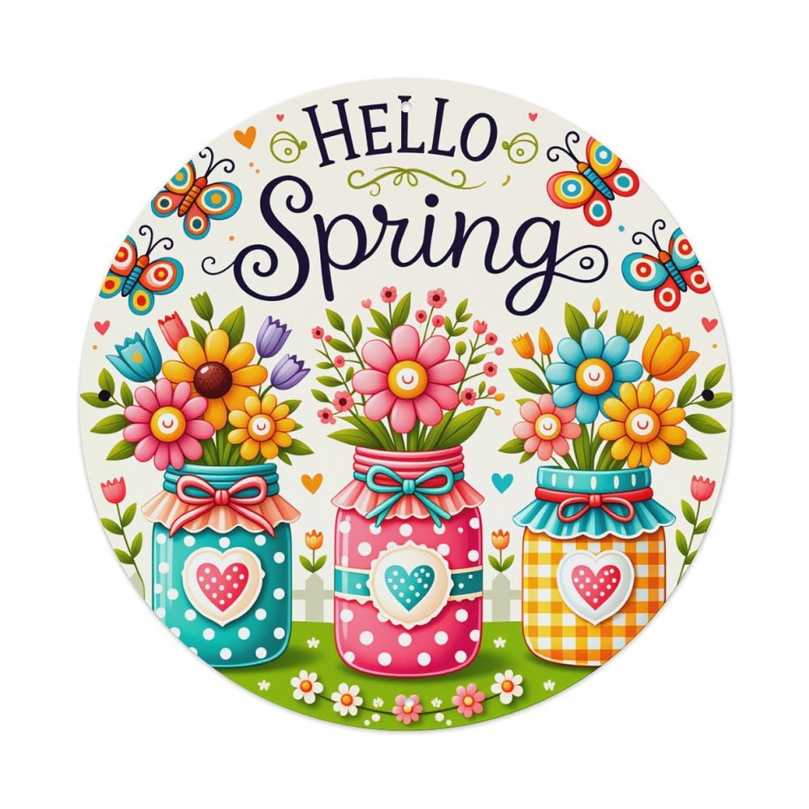 Floral Jar Spring Heart Butterflies Round Tin Sign Vintage Metal Poster Retro Bar, Home, Man Cave, Kitchen, Laundry Room Wall Art Decor Gift 8x8Inch