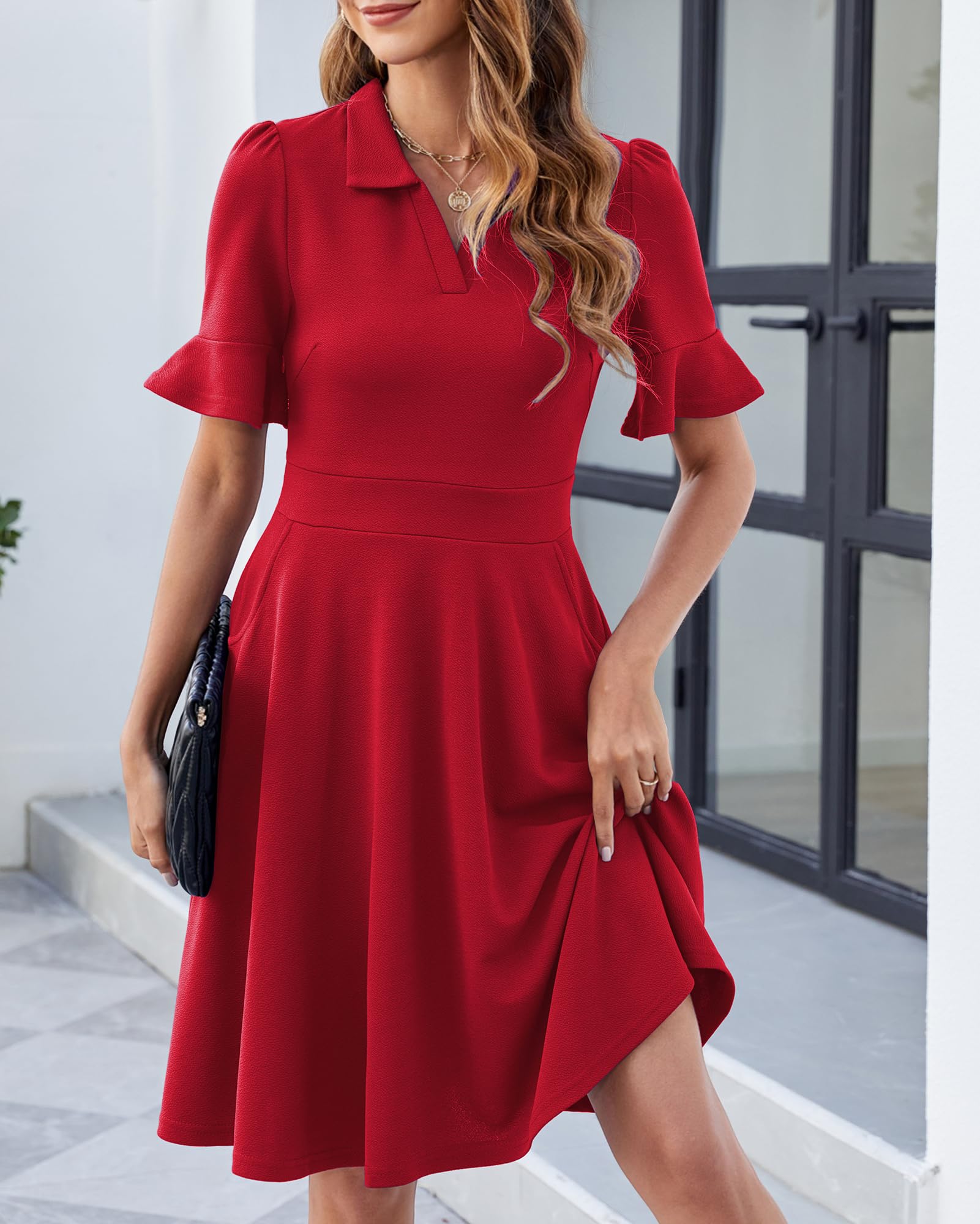 Robe trapèze d'été évasée et à manches volantées avec col en V et poches pour femme