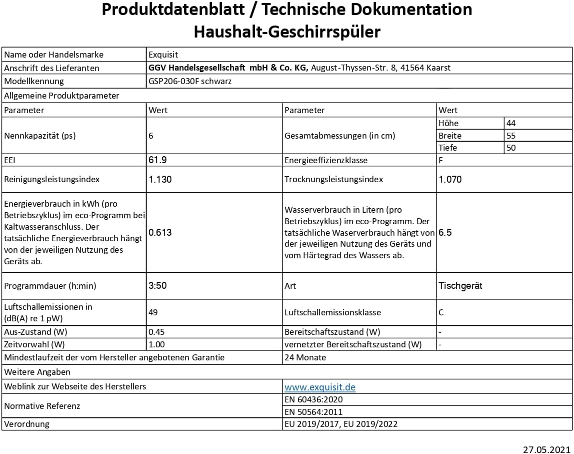 Exquisit Lavastoviglie GSP206-030F nero | Lavastoviglie 55 cm autoportante | Lavastoviglie da tavolo | 6 soffitti su misura | nero… [Classe di efficienza energetica F]