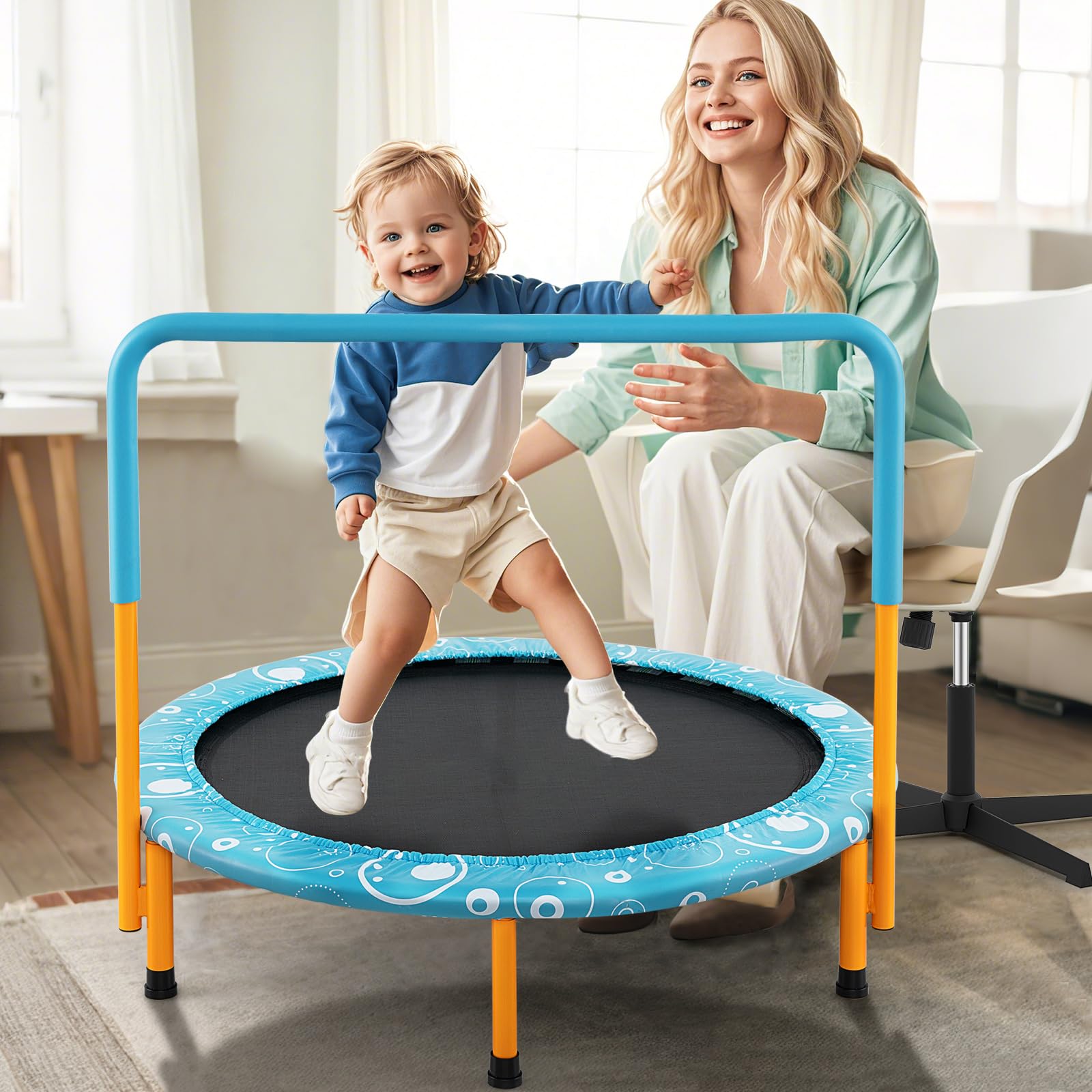 COSTWAY Mini Trampoline Enfants Pliable 92 cm avec Housse de Sécurité Matelassée et Poignée Recouverte pour Intérieur Charge maximale 150 KG