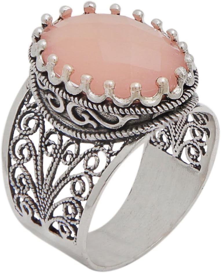 925k Sterling Silver Oval Filigree Ring Pink Agate Gemstone Handmade Artisan Crafted Unique Design for You, Mom and Your Precious Beloved (Size 5-12)