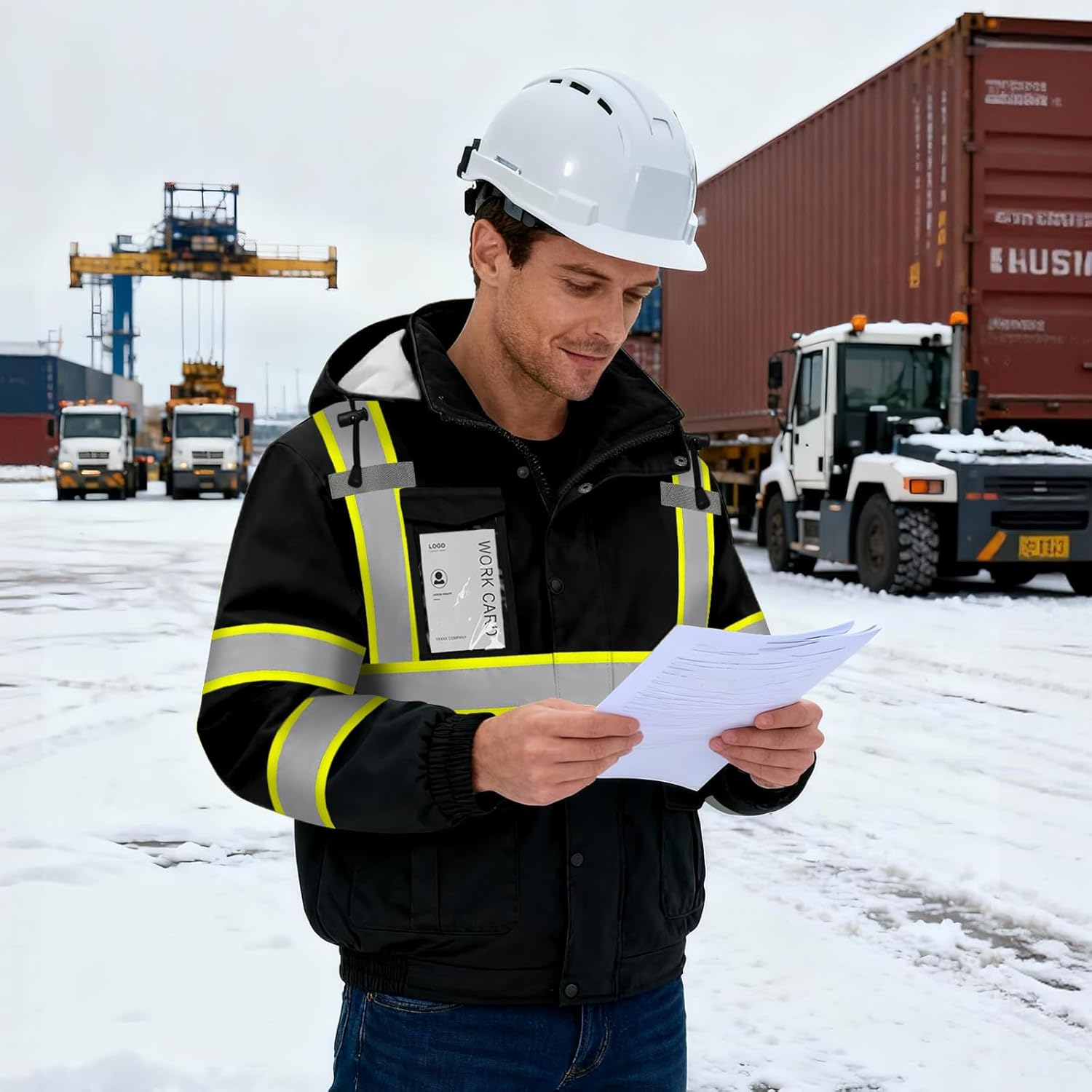 Waterproof Hi Vis Safety Jackets for Men, High Visibility Reflective Jacket with Pockets, Long Type Rain Coats for Winter Construction with Black Bottom, Class 3, DJK-Black X-Large - Image 2