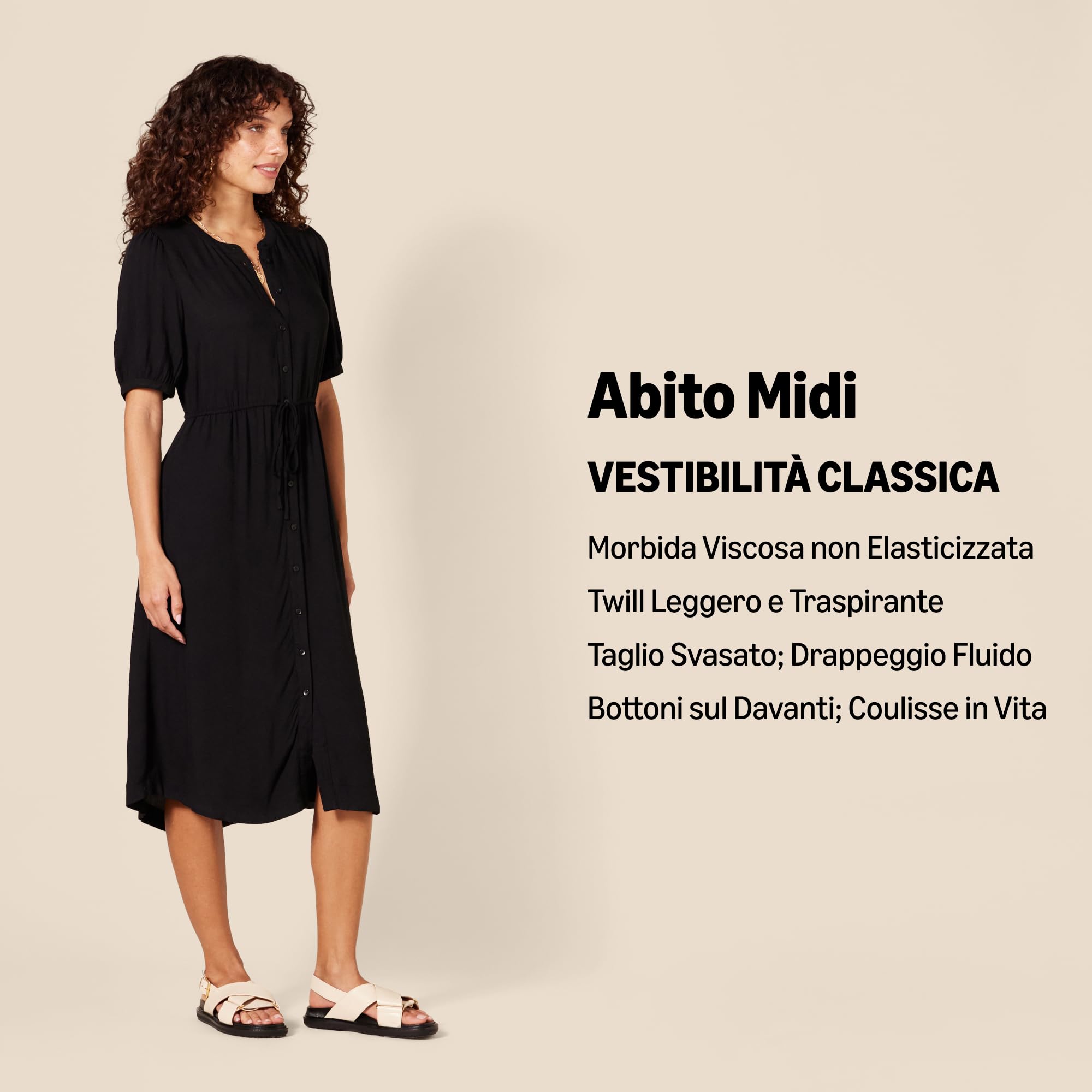 Amazon Essentials Donna Abito Midi a Trapezio a Mezze Maniche Aderente e Svasato con Tasche