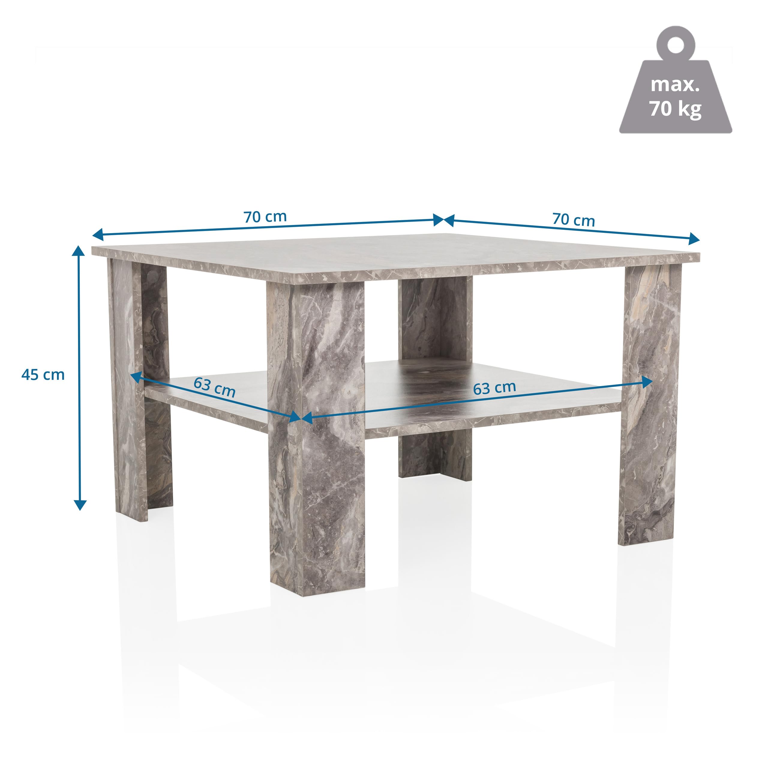 Couchtisch in Marmor-Optik 70x70 cm BISMO Wohnzimmertisch mit zusätzlicher Ablagefläche, Moderner Beistelltisch Quadratisch, Grau
