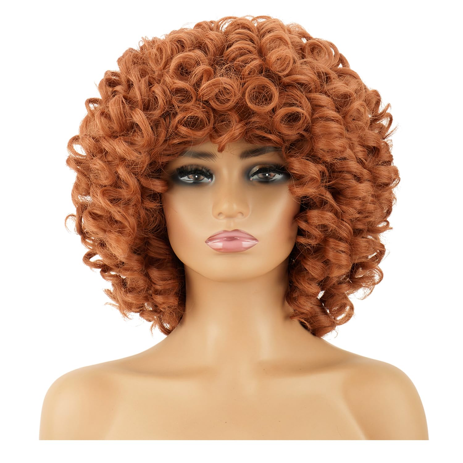 PORSMEER Copper Brown Curly Afro Wigs for Women Natural Loose Curly Afro Kinky Medium Wavy Bob Wig with Fringe Black Women for Costume or Daily Wear - Image 4