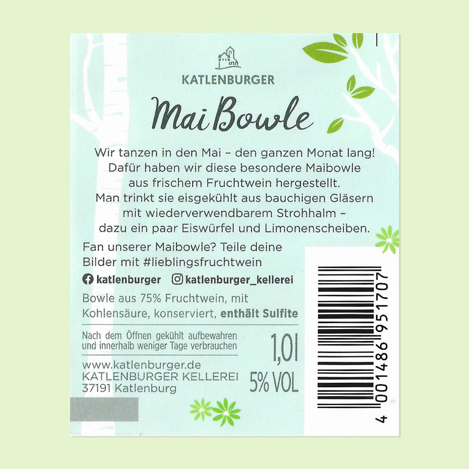 KATLENBURGER - Maibowle | Frische und spritzige Bowle aus hochwertigem Fruchtwein aus Deutschland. Geschmacksrichtung Waldmeister. Inhalt: 6x 1l mit 7% vol. (Packung mit 2)