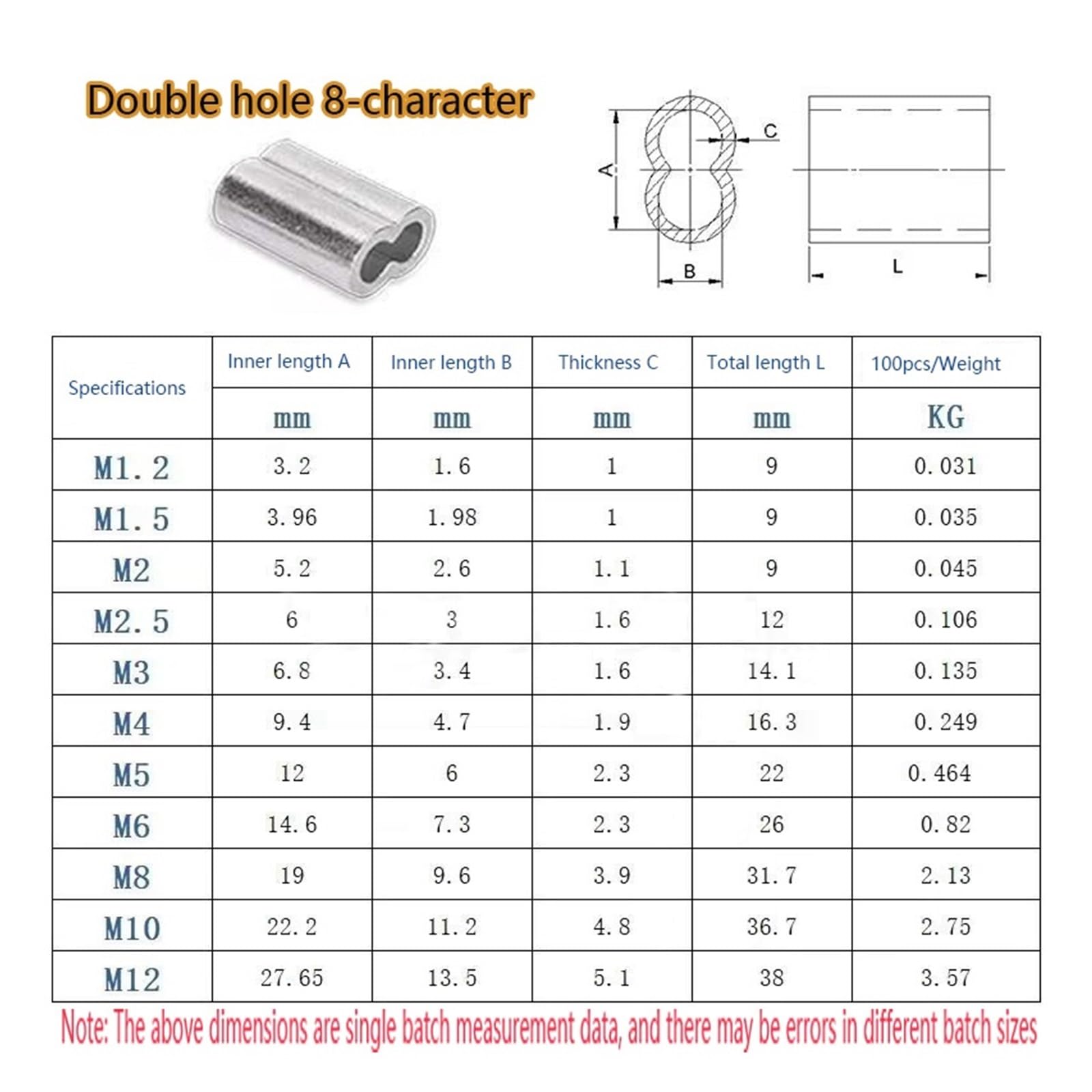 Clip con manicotto a crimpare in alluminio, Manicotti for crimpatura cavi in ​​alluminio a doppio foro, forma 8, terminali for cavi da M1 a M12, argento(M2.5)