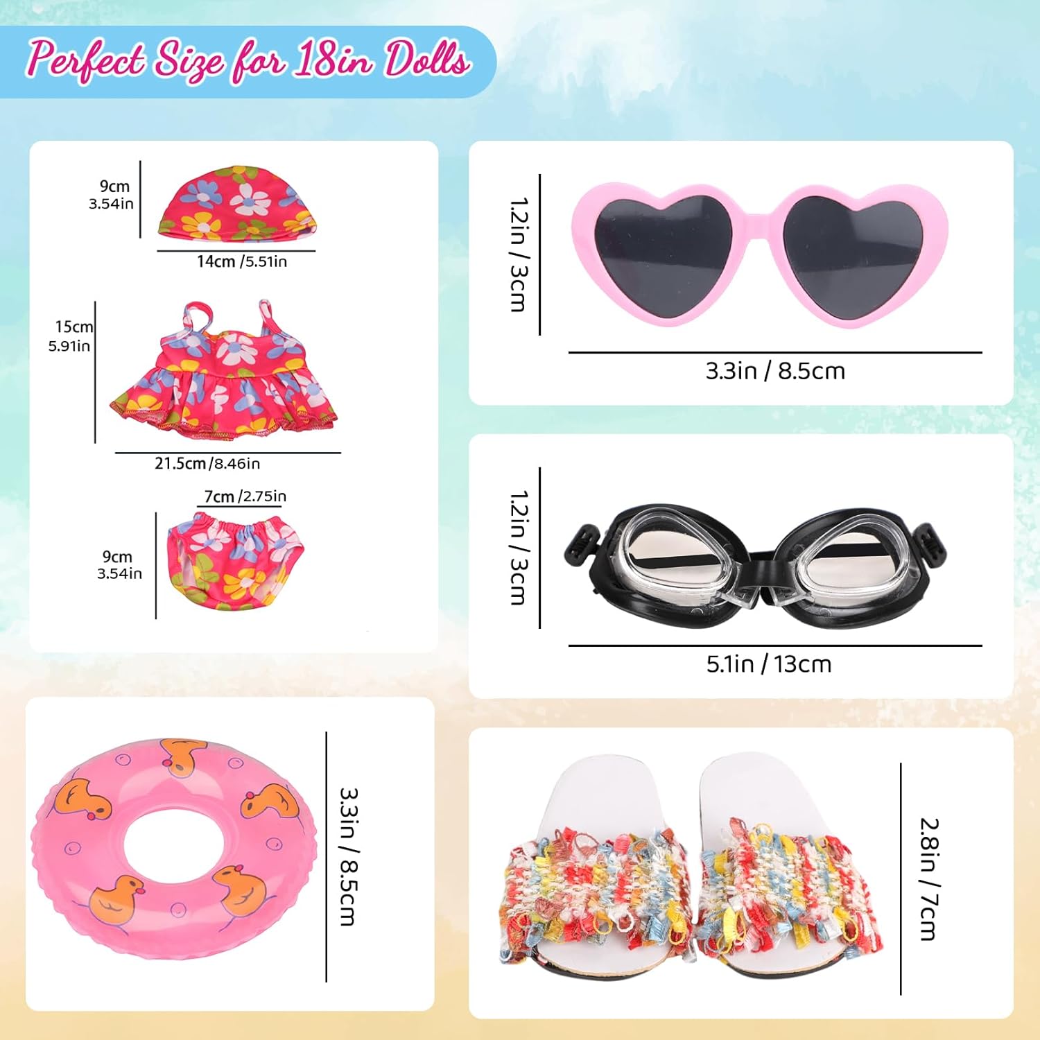 MSYO 18 Inch Doll Swimsuit Playset, Dorable Doll Summer Dress Playset for 18 Girl Dolls, Includes Doll Bikini Swimsuits, Lovely Sunglasses, Goggles, Sandals and Water Inflatable Ring