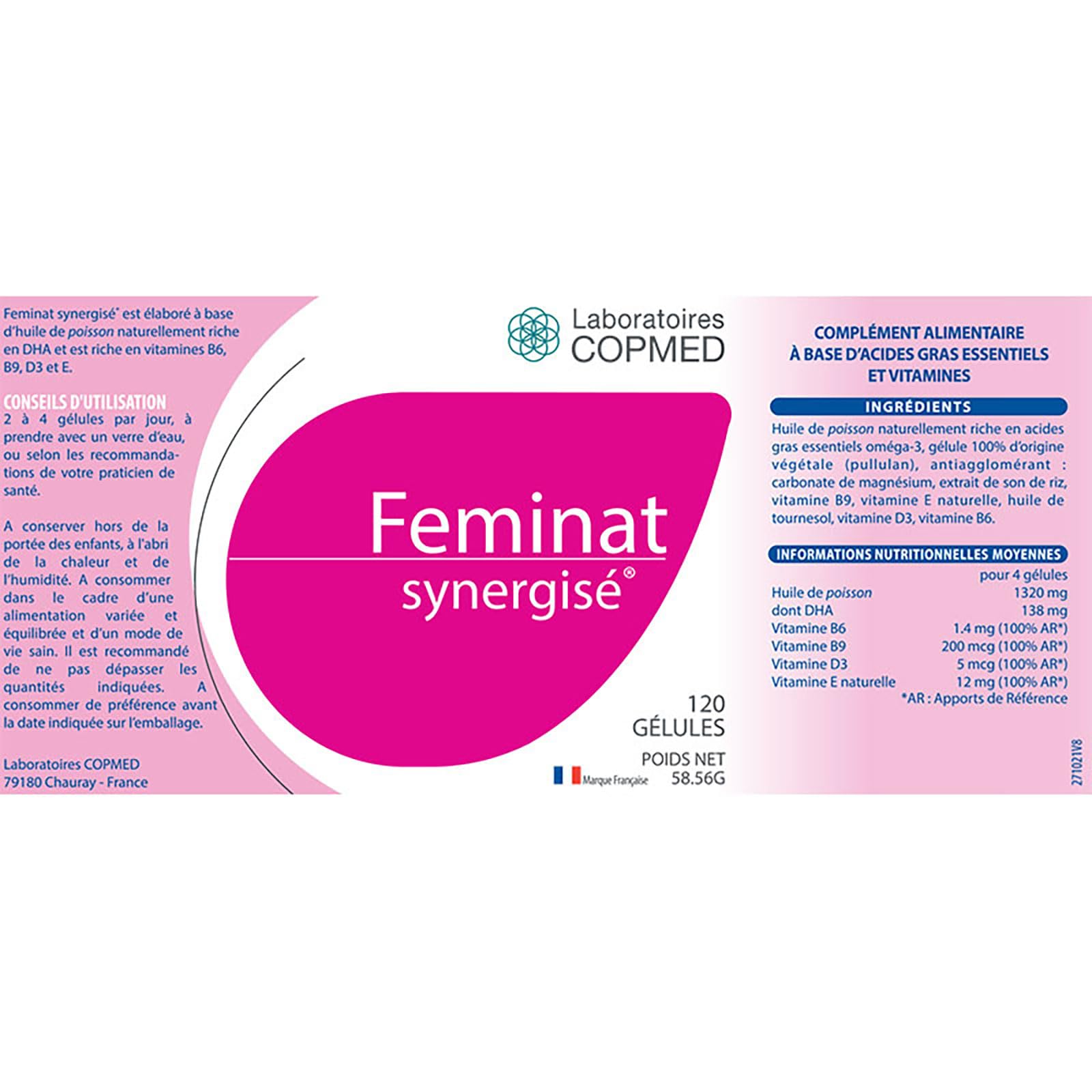 LABORATOIRES COPMED - Féminat Synergisé® - Complément alimentaire Grossesse - Confort féminin 100% Naturel - Acide Folique - Marque Française - 120 Gélules Végétales (Pilulier en Bioplastique Végétal)