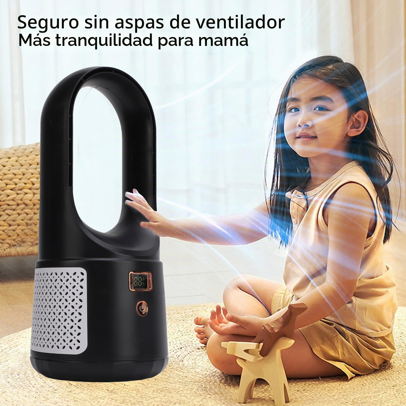 Ventilador sin aspas, silencioso y portátil sin aspas, 6 velocidades de viento con pantalla de alimentación para el hogar, dormitorio, oficina (negro)