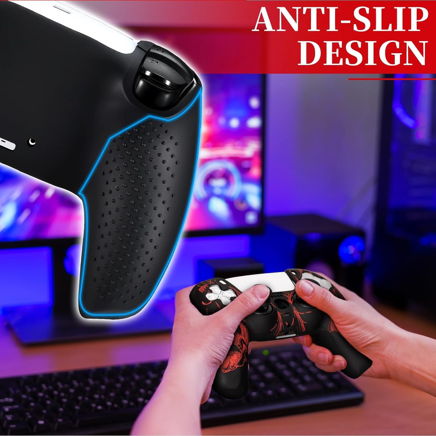 YoRHa Sculpture au Laser Silicone Peau Coques Skin pour Manette PS5 Dualsense x 1 (Rouge) avec Pro Thumb Grips Prises de Pouce x 8