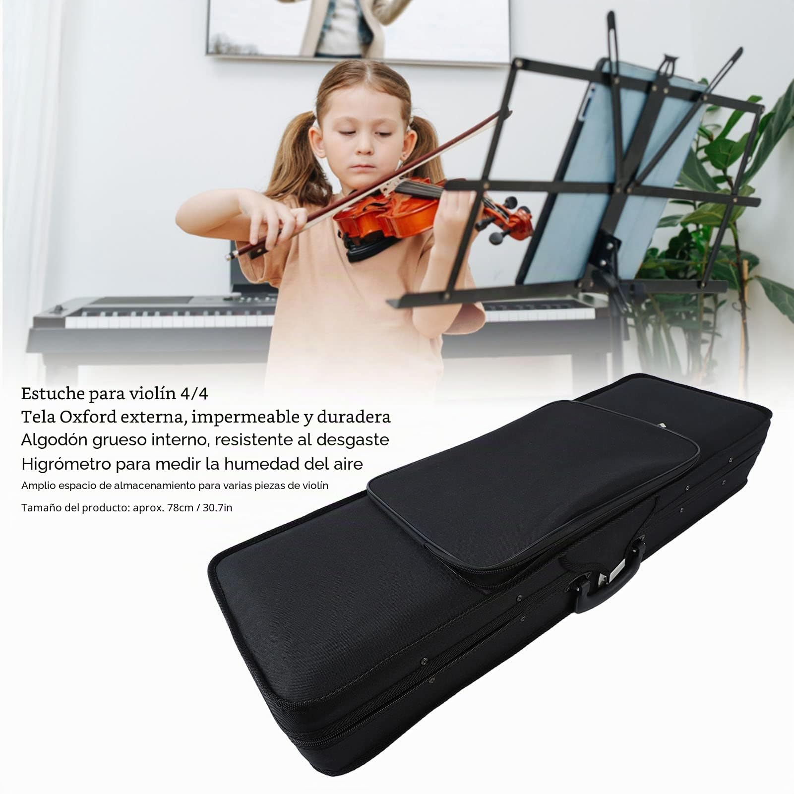Eujgoov Estuche de Violín 4/4 Negro - Caja Protección 78 cm con Forro Algodón Tela Oxford y Higrómetro