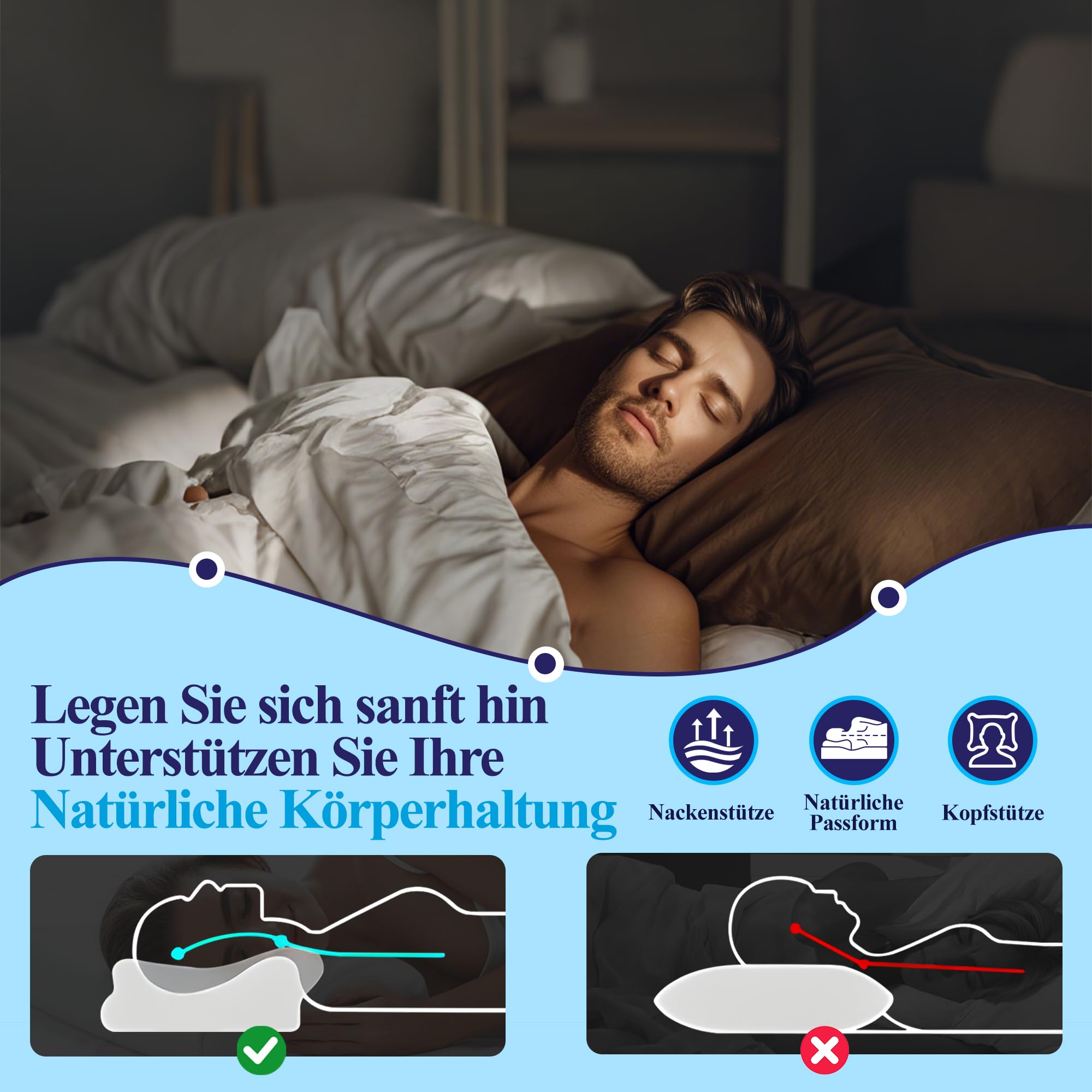 Memory Foam Nackenkissen Kopfkissen 60x35x12-10 cm Ergonomisches Seitenschläferkissen Orthopädisches Kissen