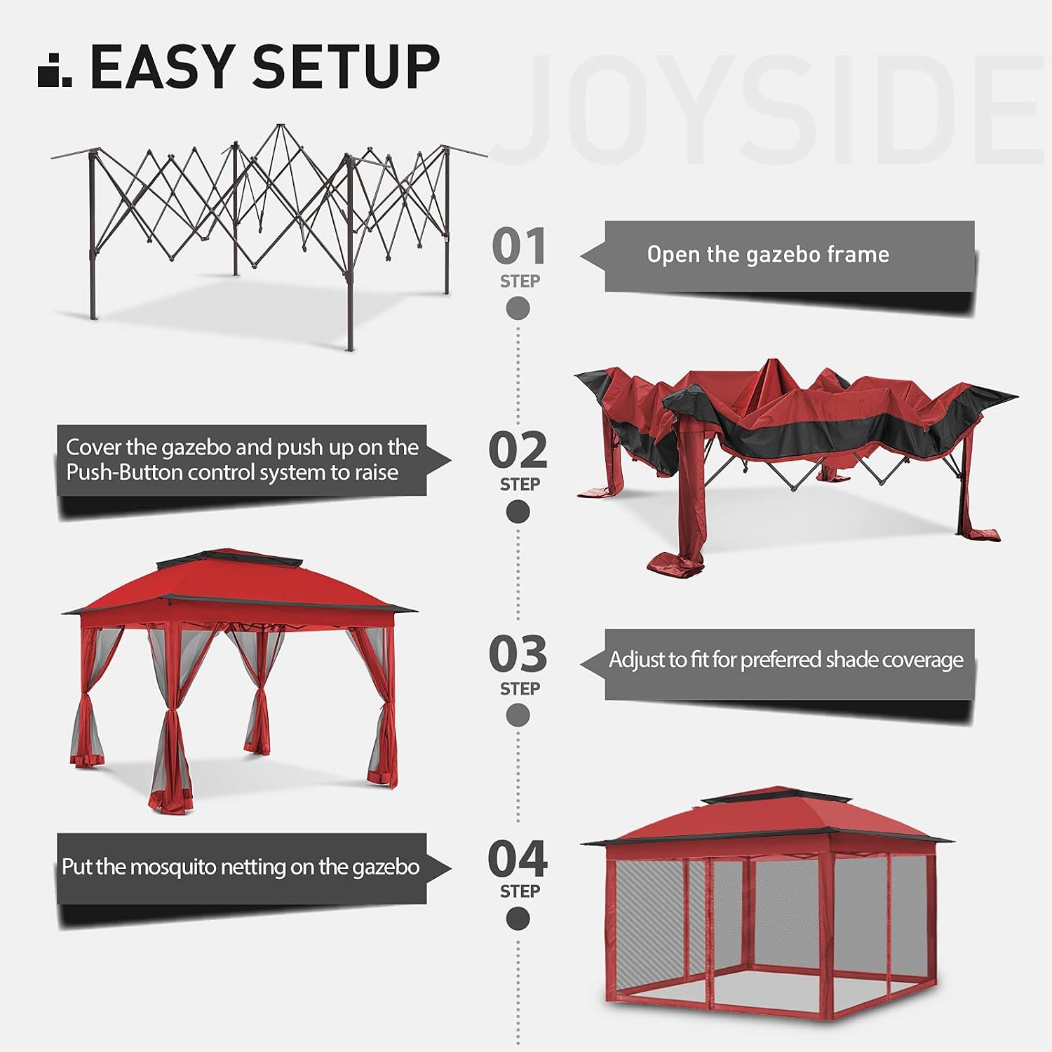 Joyside 11'x11' Pop Up Gazebo for Patios Gazebo Canopy Tent with Sidewalls Outdoor Gazebo with Mosquito Netting Pop Up Canopy Shelter Wedding Tent (Red)