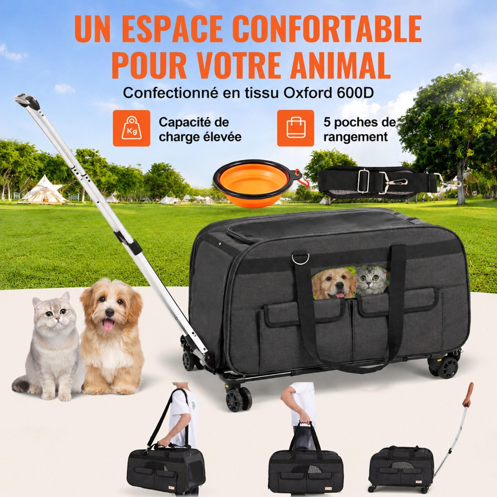 Sac de Transport Roulant pour Chat et Chien, Noir, avec poignée télescopique, bandoulière, Fermeture éclair autobloquante et gamelle Pliable, pour Voyage et Sorties